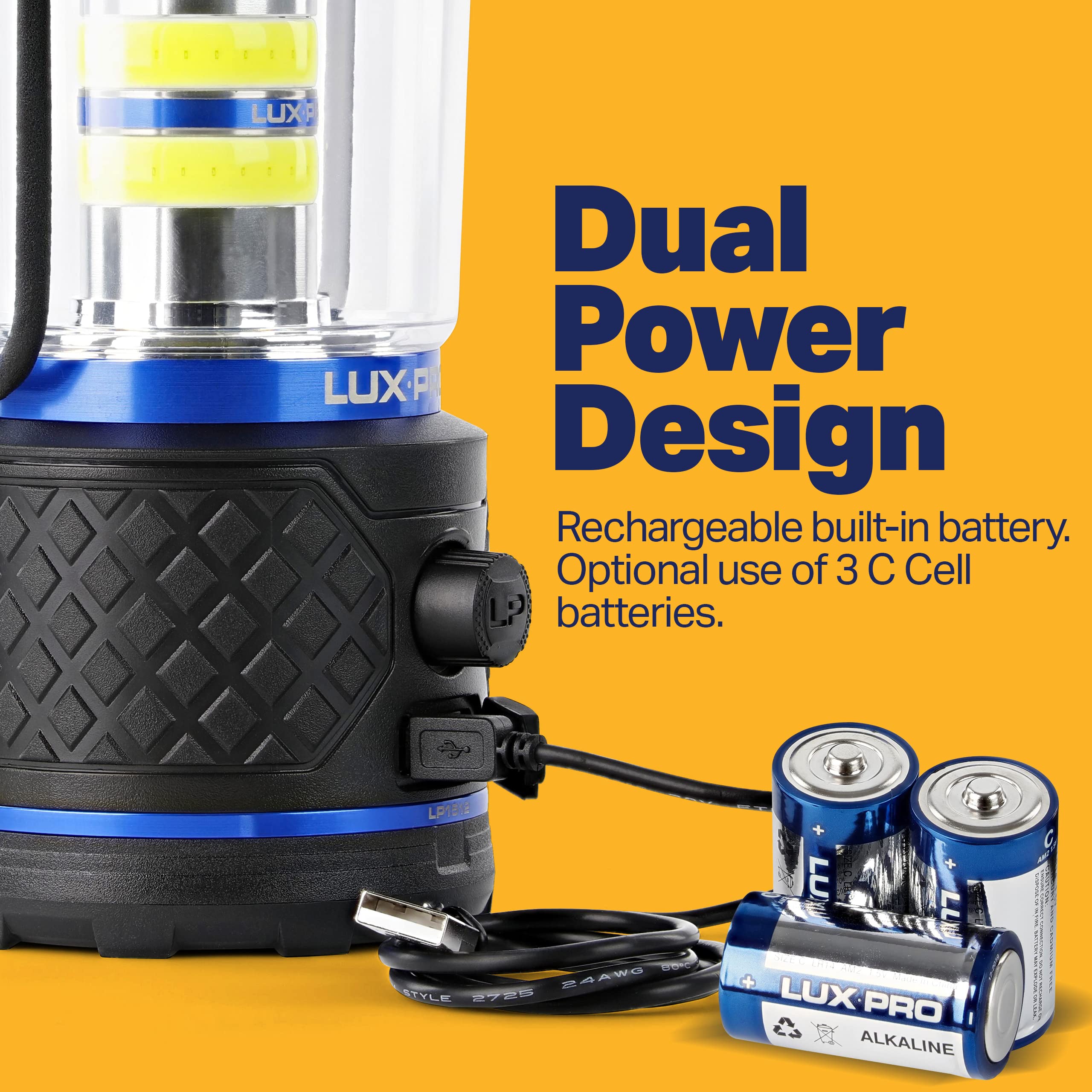 Dual-Power LUXPRO Rechargeable 1100 Lumen LED Lantern for Up to 150 Hours of Use - Camping Lantern with Built-in Power Bank - Dimmable LED Light with IPX4 Water-Resistant Rating