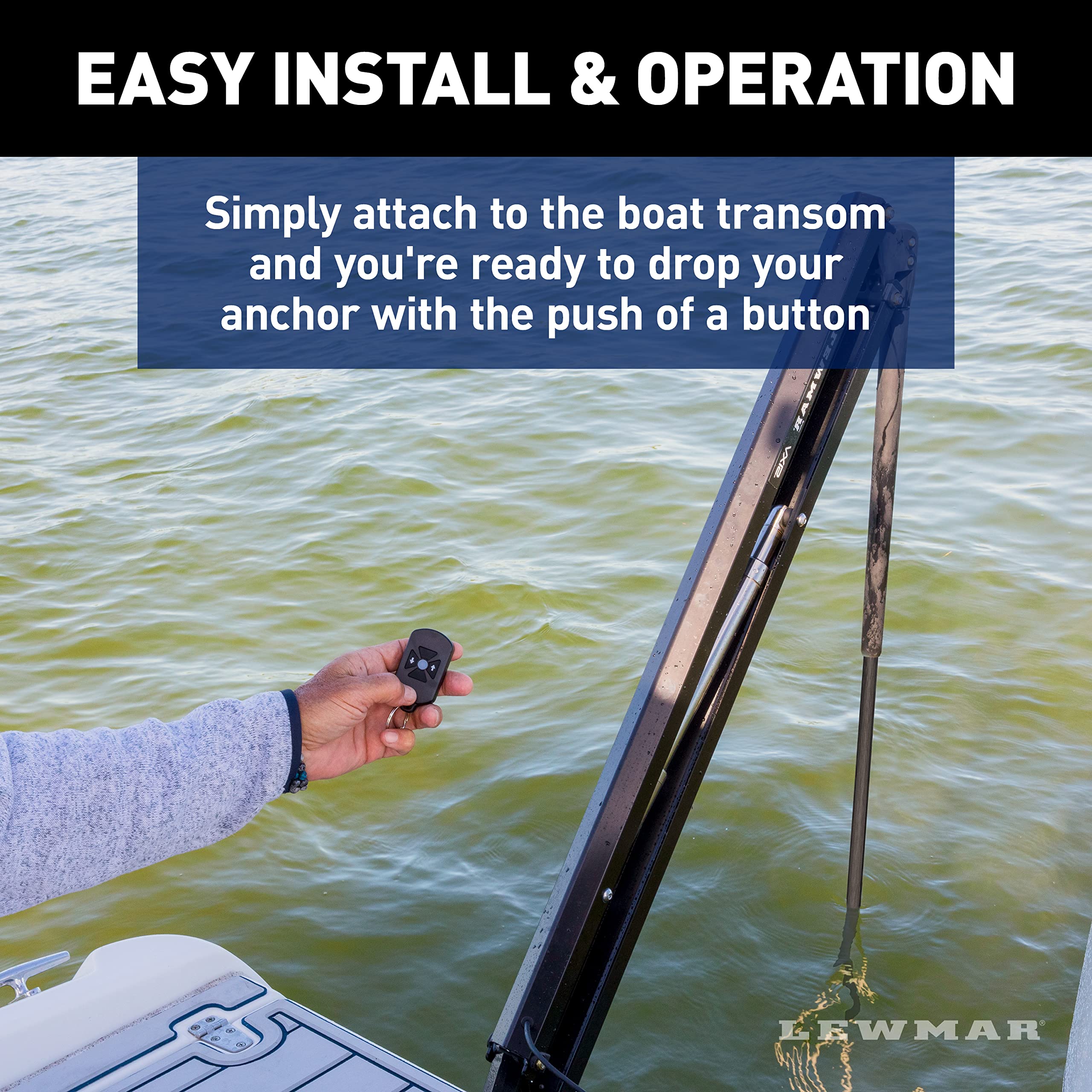 Lewmar Shallow Water Axis Anchor for use in up to 7' of Water, 12V Electrically Powered, Remote Controlled Deployment, Four Bar Articulating Arm, for Powerboats up to 26', Black - 22108805