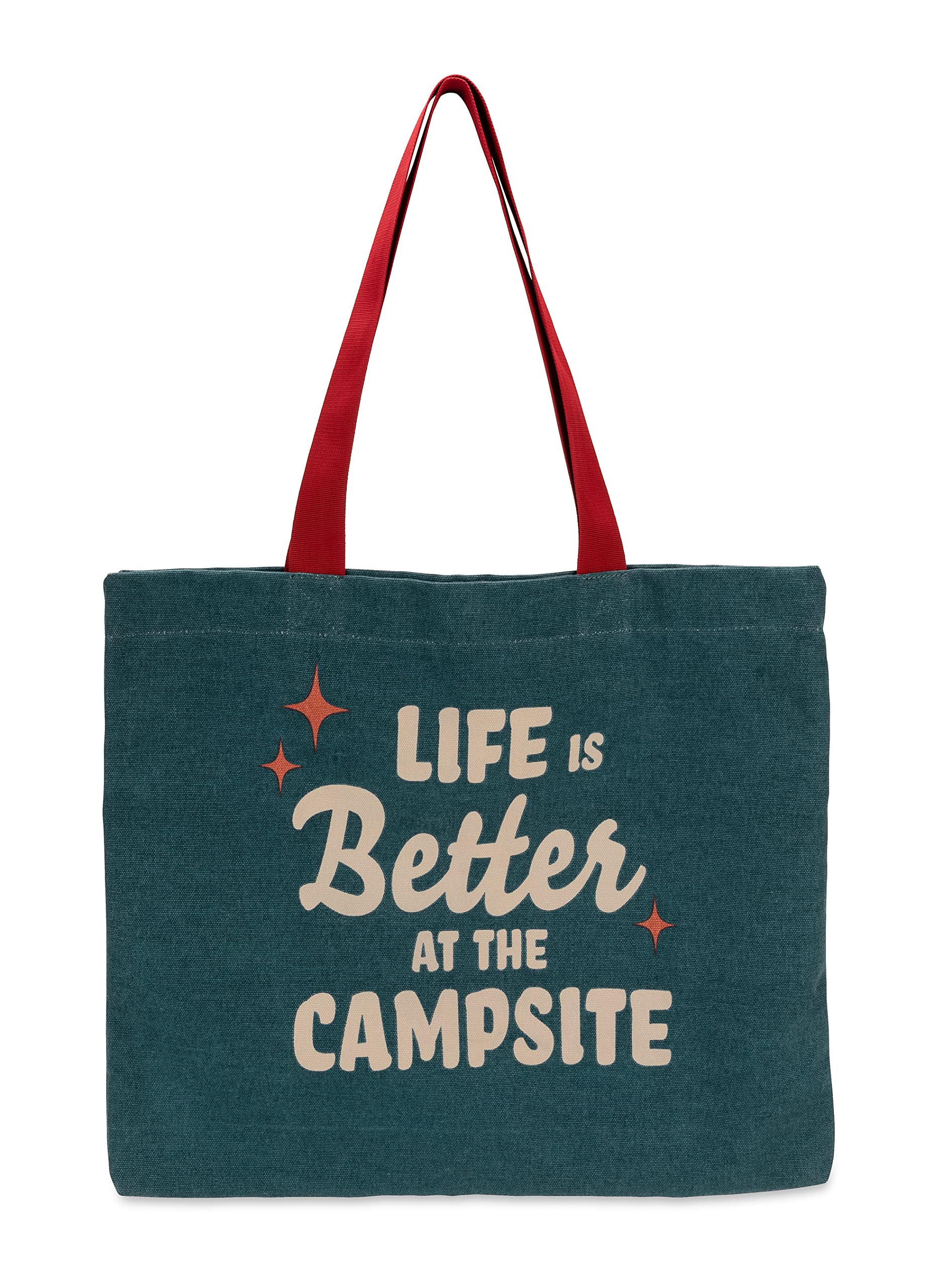 Camco Tote Bag Life is Better at The Campsite | Perfect for Groceries, Shopping or as a Purse | Gray/Blue Bag with Red Retro Stars & Large, Tan Life is Better at The Campsite Text (53481)