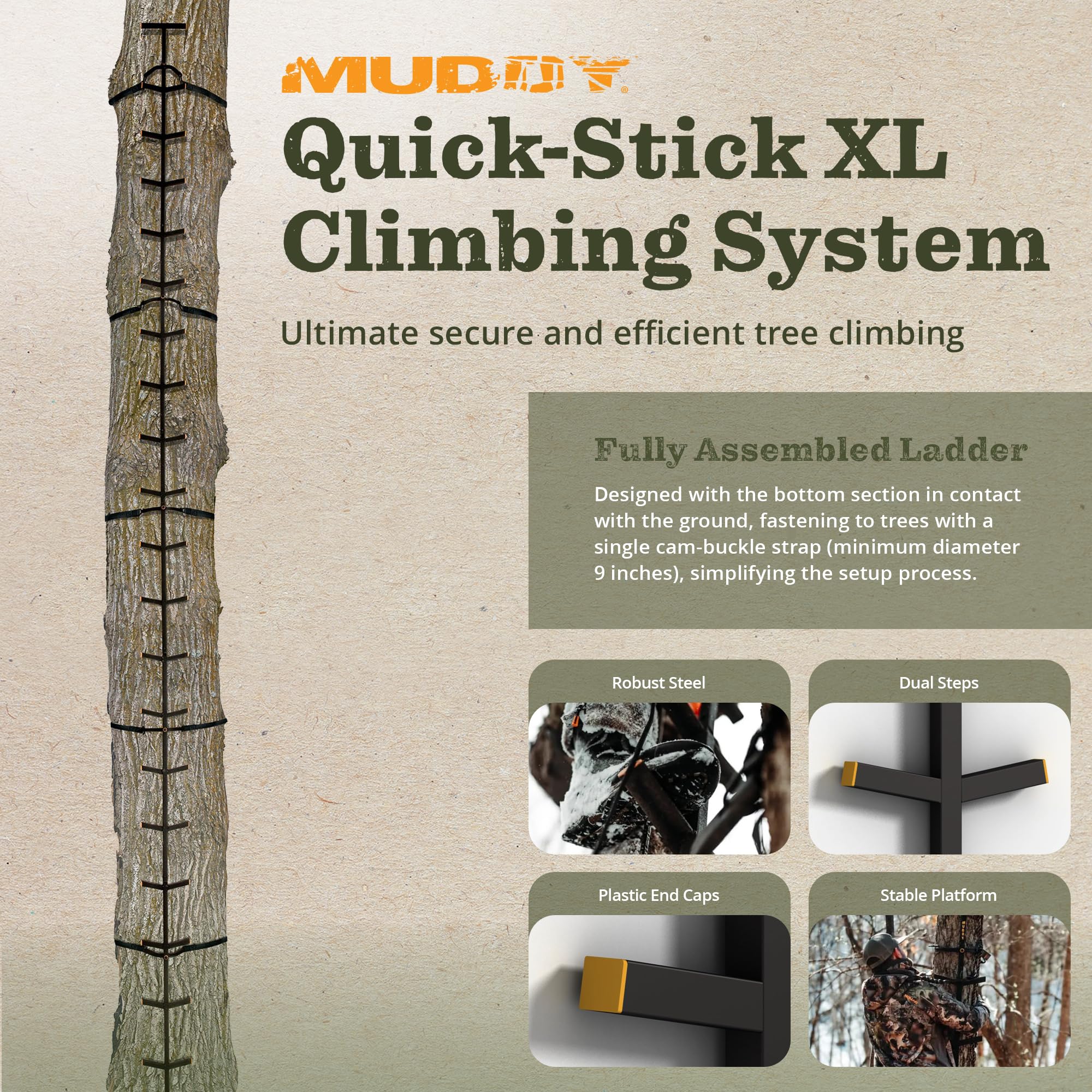 Muddy Quick Stick XL Tree Climbing Stick Climbing Gear, Deer Hunting Accessories for Elevated Deer Blinds and Tree Stands, Black