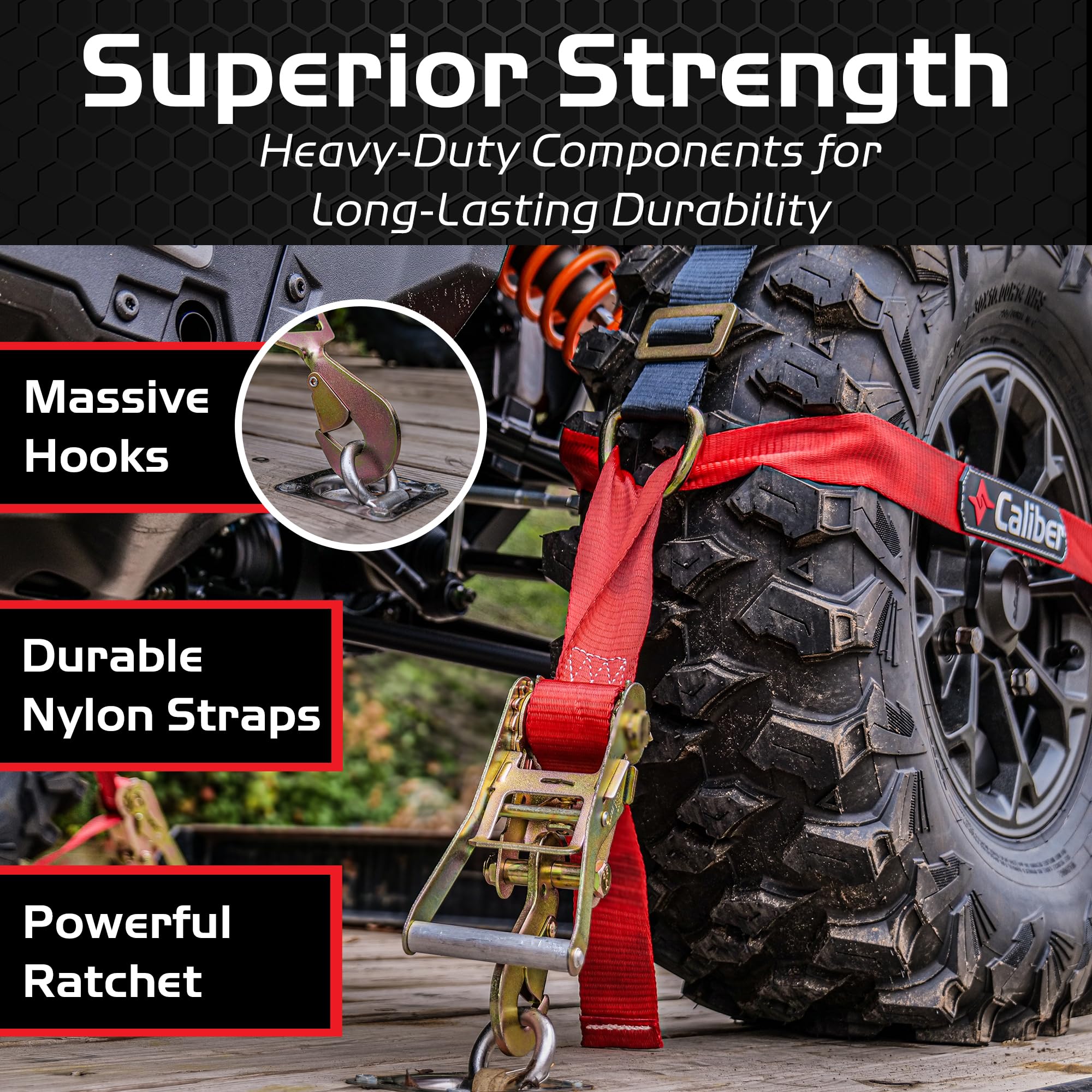 Caliber Heavy-Duty Trailblazer ORV Tie Down Straps, 2-Way Tension Around Tire with 11,000 lbs. Break Strength, 4-Pack