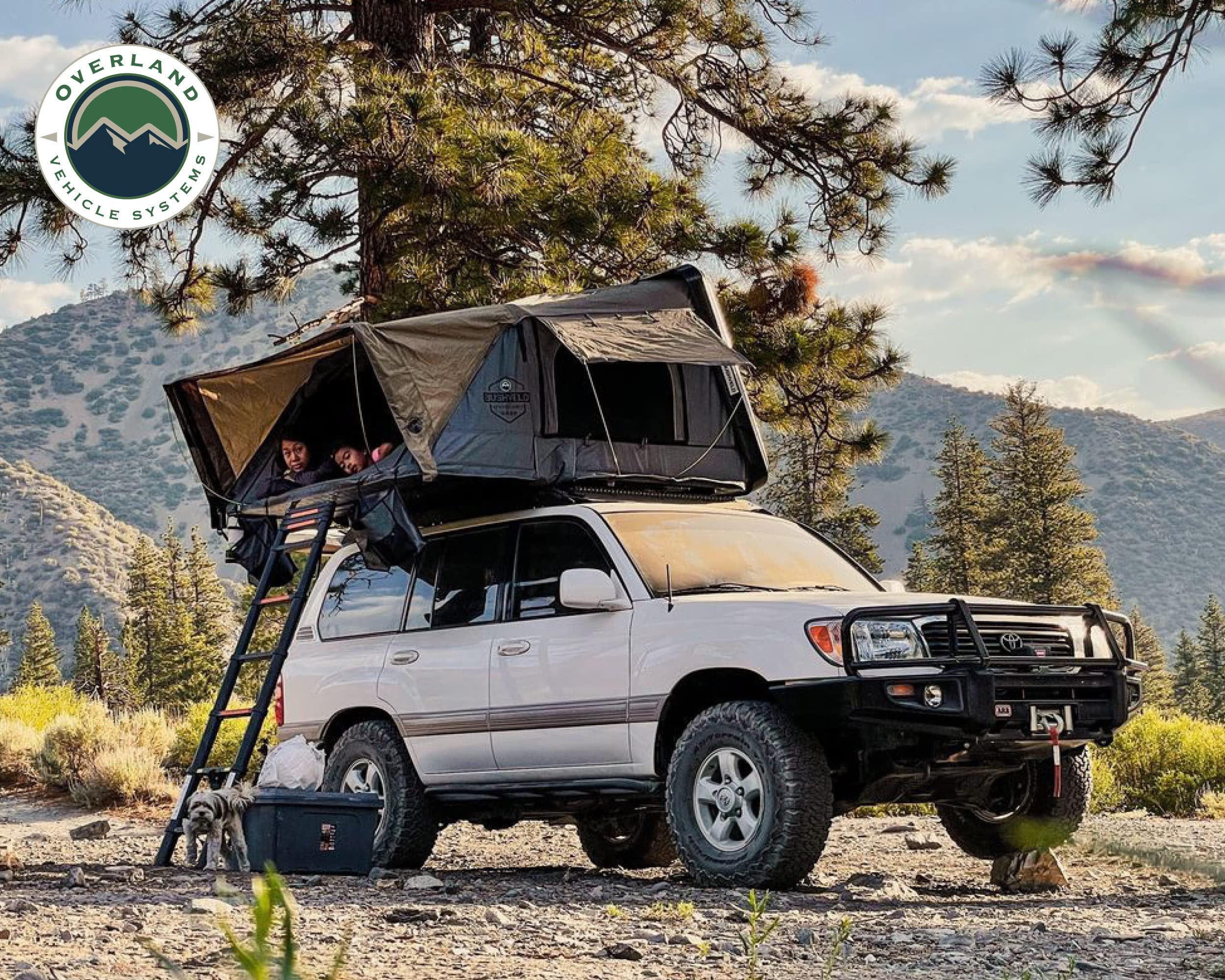 Overland Vehicle Systems Hard Shell Bushveld Clam Shell Roof Top Tent with Aluminum Base Dark Grey Body and Green Rainfly - 4 Person Tent - Four Seasons Ready