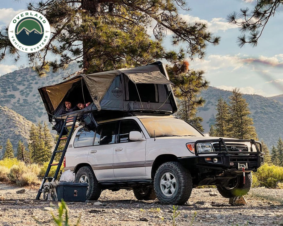 Overland Vehicle Systems Hard Shell Bushveld Clam Shell Roof Top Tent with Aluminum Base Dark Grey Body and Green Rainfly - 4 Person Tent - Four Seasons Ready