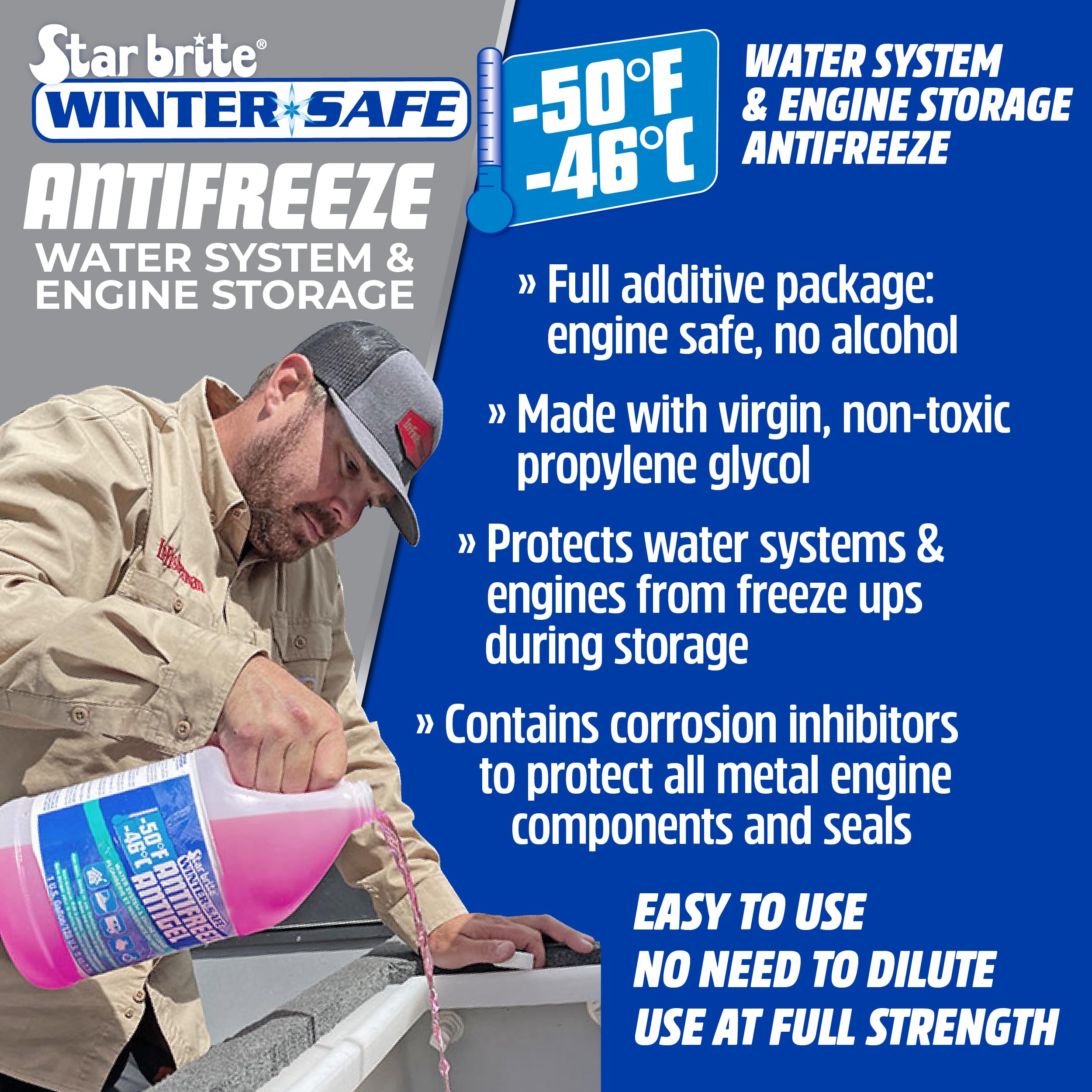 Non-Toxic STAR BRITE -50°F Winter Safe RV Marine Antifreeze, Water System and Engine Storage Solution, Ready-to-Use, Protects Down to -50 Degrees Fahrenheit