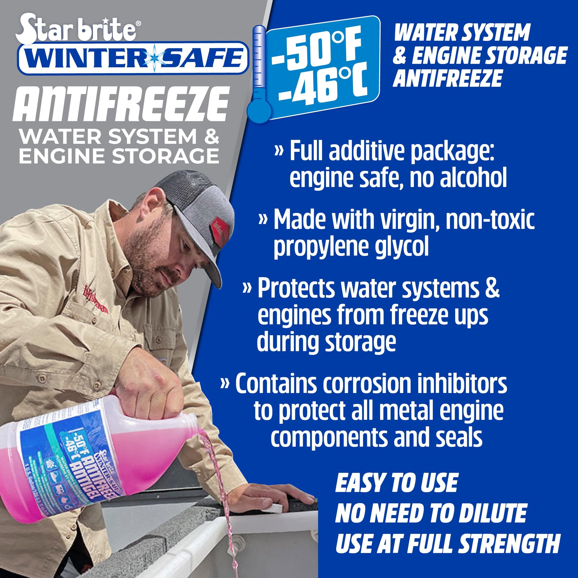 Non-Toxic STAR BRITE -50°F Winter Safe RV Marine Antifreeze, Water System and Engine Storage Solution, Ready-to-Use, Protects Down to -50 Degrees Fahrenheit