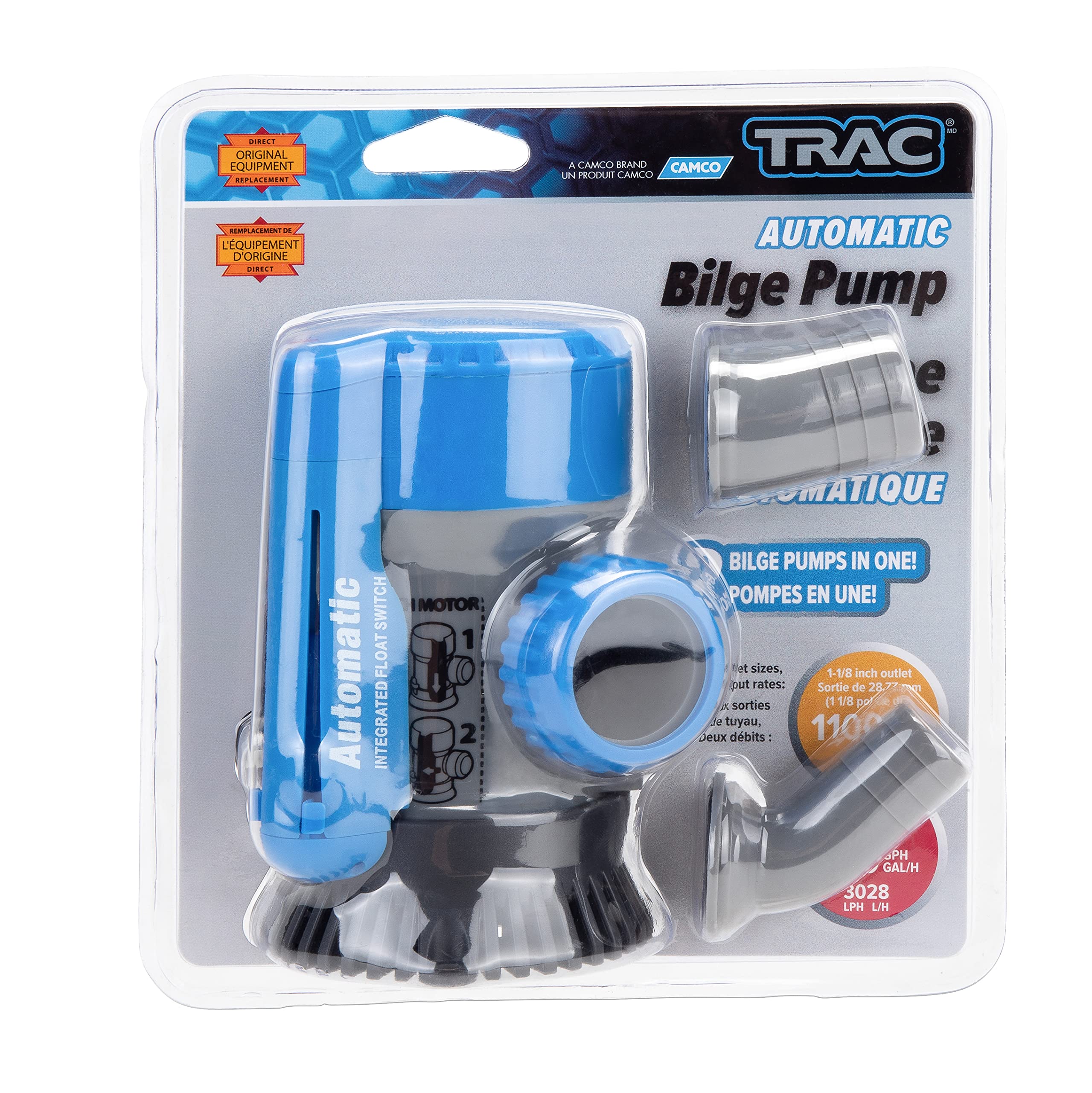 Automatic Bilge Pump TRAC-Outdoor Products, 800/1100 GPH, 3/4" & 1-1/8" Outlet - Designed for Easy Installation and Retrofitting - Ideal for All Watercraft (69311) (3004.7234)