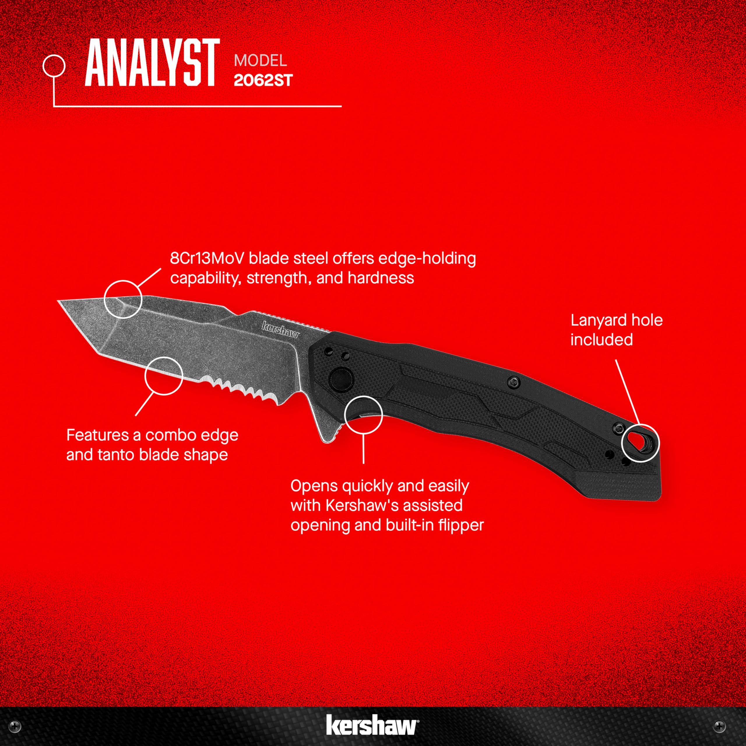 Kershaw Pocket Knife Analyst, Black Design, 3.25 Inch Stainless Steel Tanto Partially Serrated Blade, EDC with Assisted Opening, 4-Position Pocketclip, Everyday Carry Pocket Knife for Men and Women