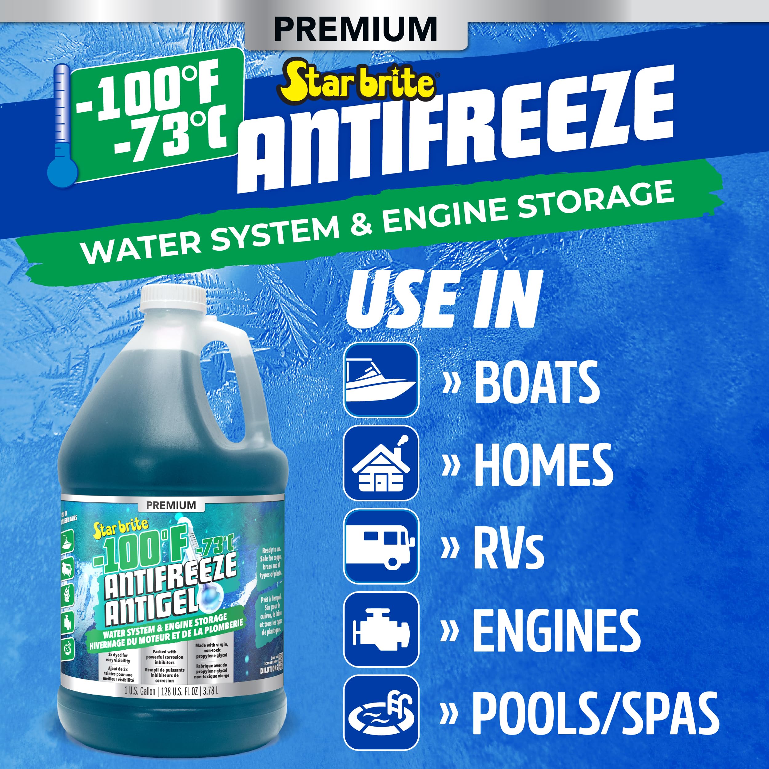 Premium STAR BRITE -100°F Non-Toxic Antifreeze for RVs, Boats & Water Systems, Propylene Glycol Formula, Corrosion Protection, Ready-to-Use Winterizing Fluid