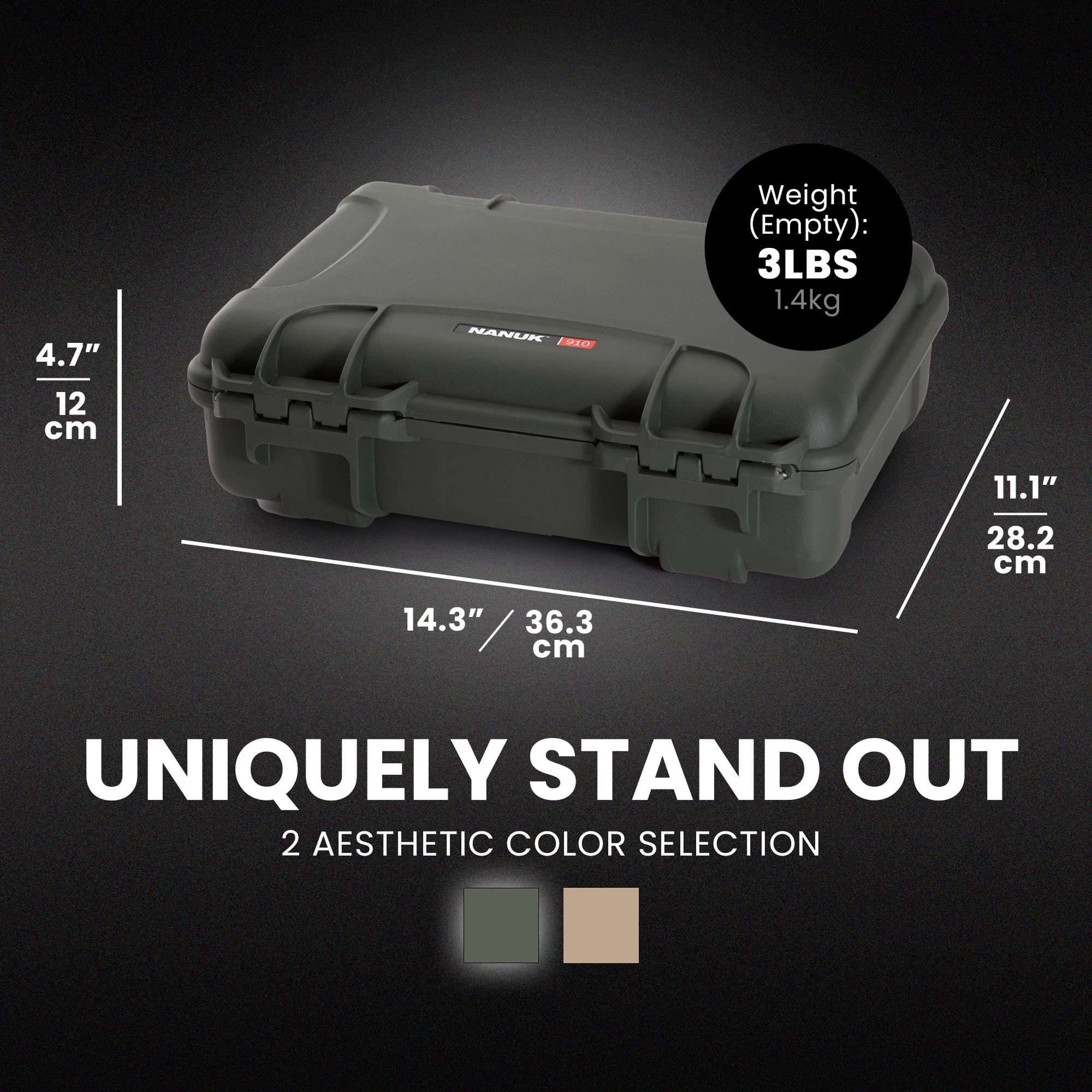 NANUK Hard Case 910 with Customizable Cubed Foam, IP67 Waterproof & Crushproof, Rugged Construction for Ultimate Protection, Made in North America – Olive (14.3” x 11.1” x 4.7”)