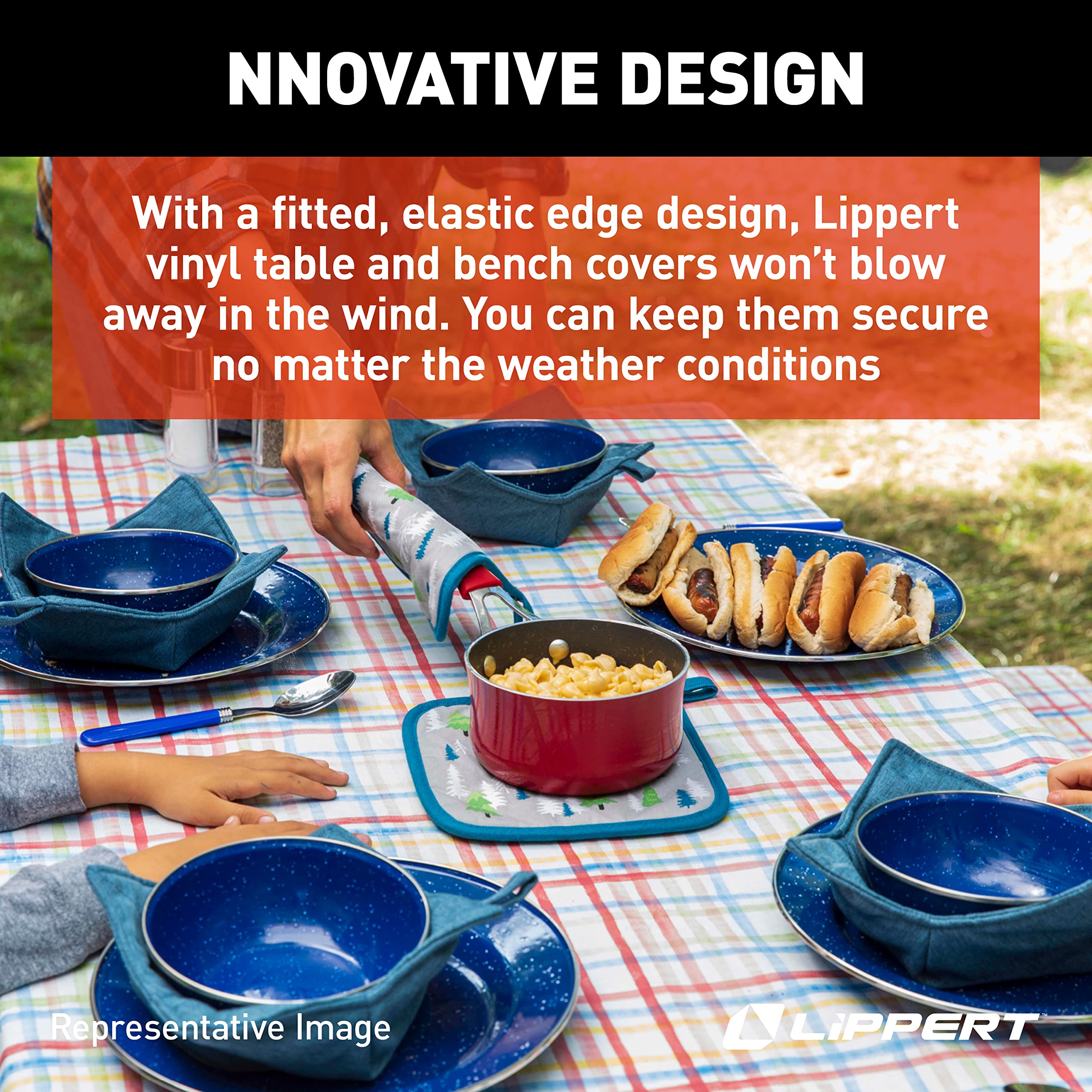 Vinyl Tablecloth Lippert with Bench Covers for Picnic Tables - Camping Patchwork, Green