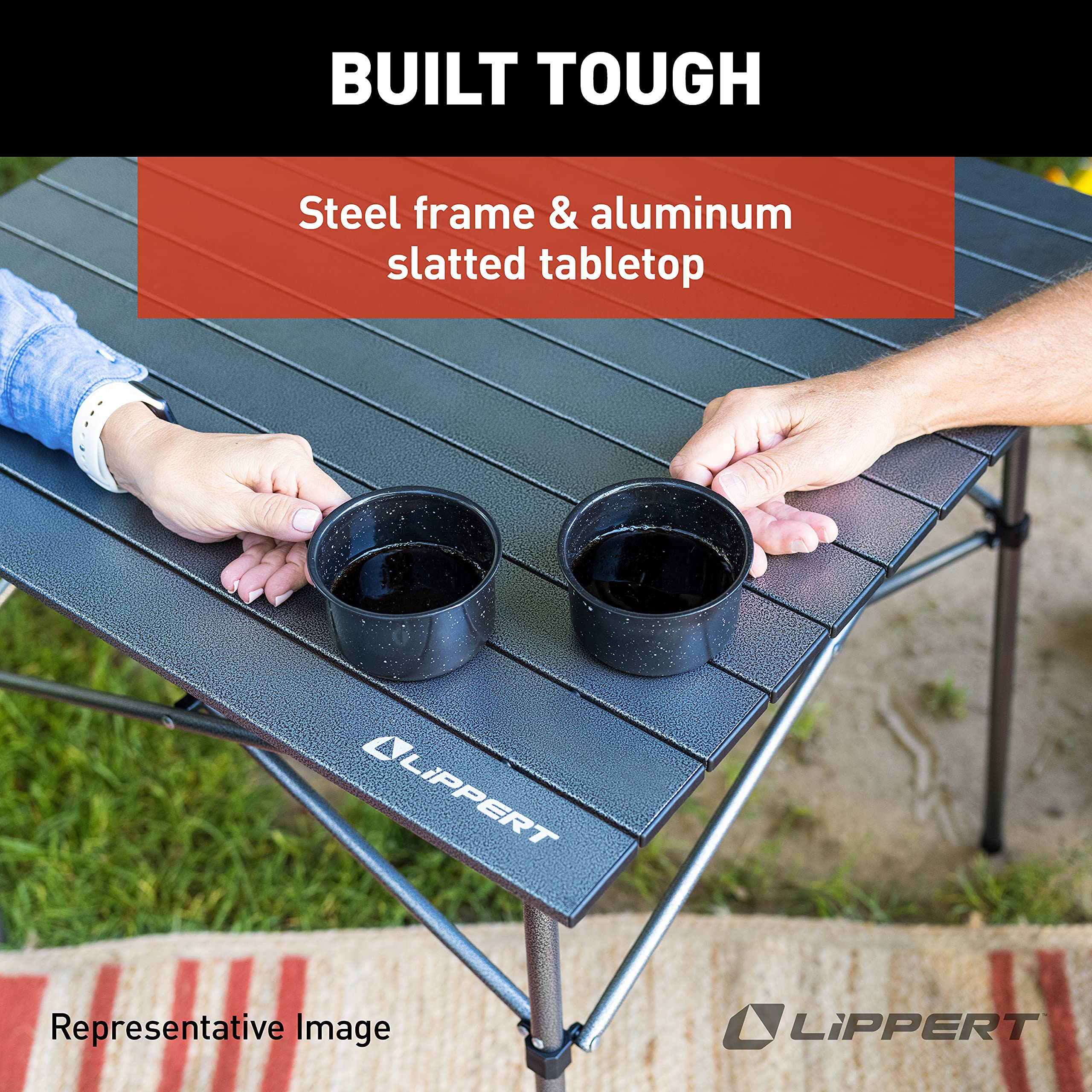 Lippert HD Hybrid Camp Table Foldable with Carry Bag White 27 1/2” x 27 1/2” x 27 1/2" (H x W x D),Hammer Grey