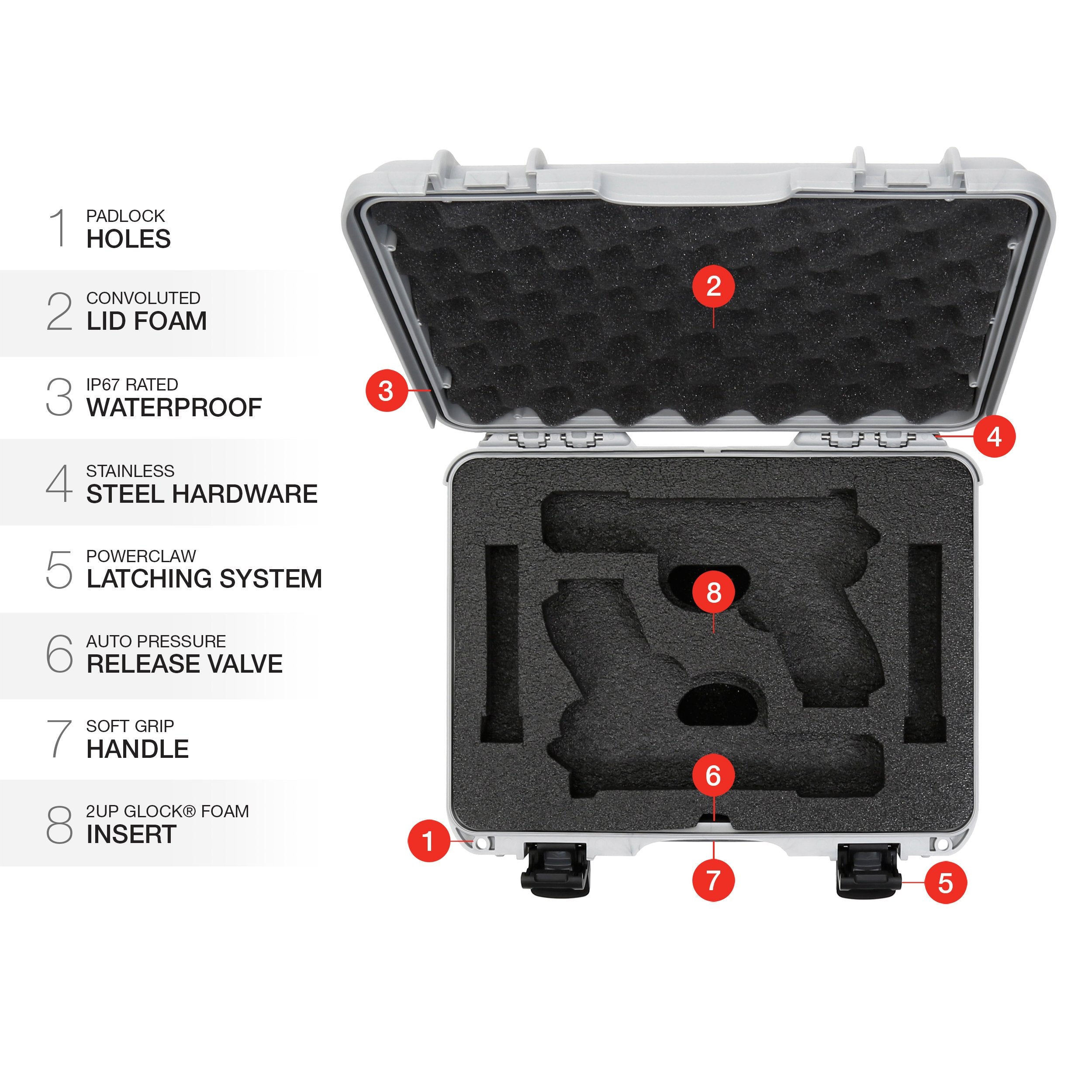 2UP Nanuk 910 Waterproof Hard Case w/Custom Foam Insert for Glock Pistols - Silver