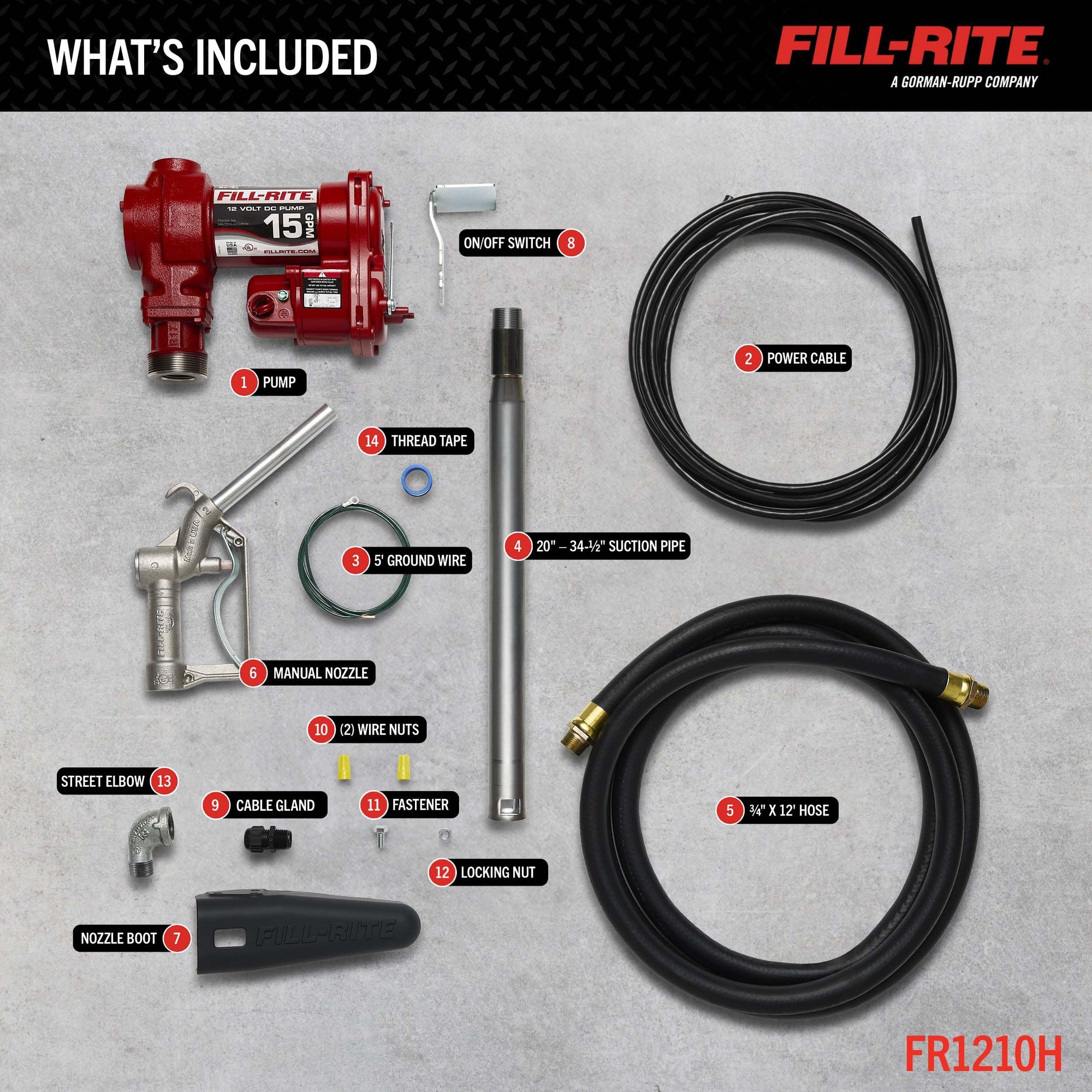 Fill-Rite 12V FR1210H 15 GPM Fuel Transfer Pump with Discharge Hose & Manual Nozzle | Gasoline, Diesel, Kerosene, Ethanol & Methanol Blends & Biodiesel