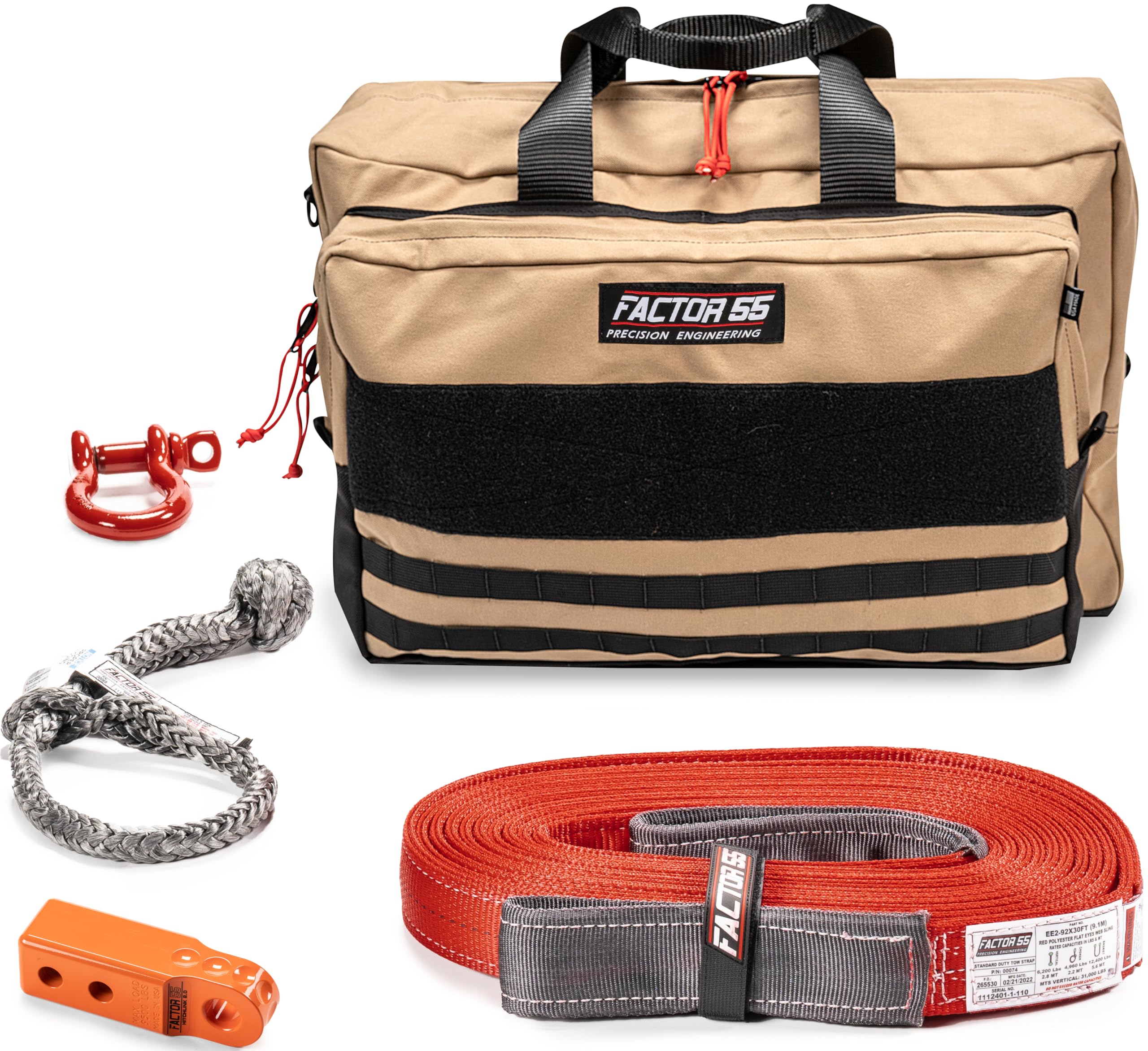 Owyhee Factor 55 Tow and Recovery Kit for Trucks, Jeeps, and SUVs, with Orange Hitchlink and Large Bag