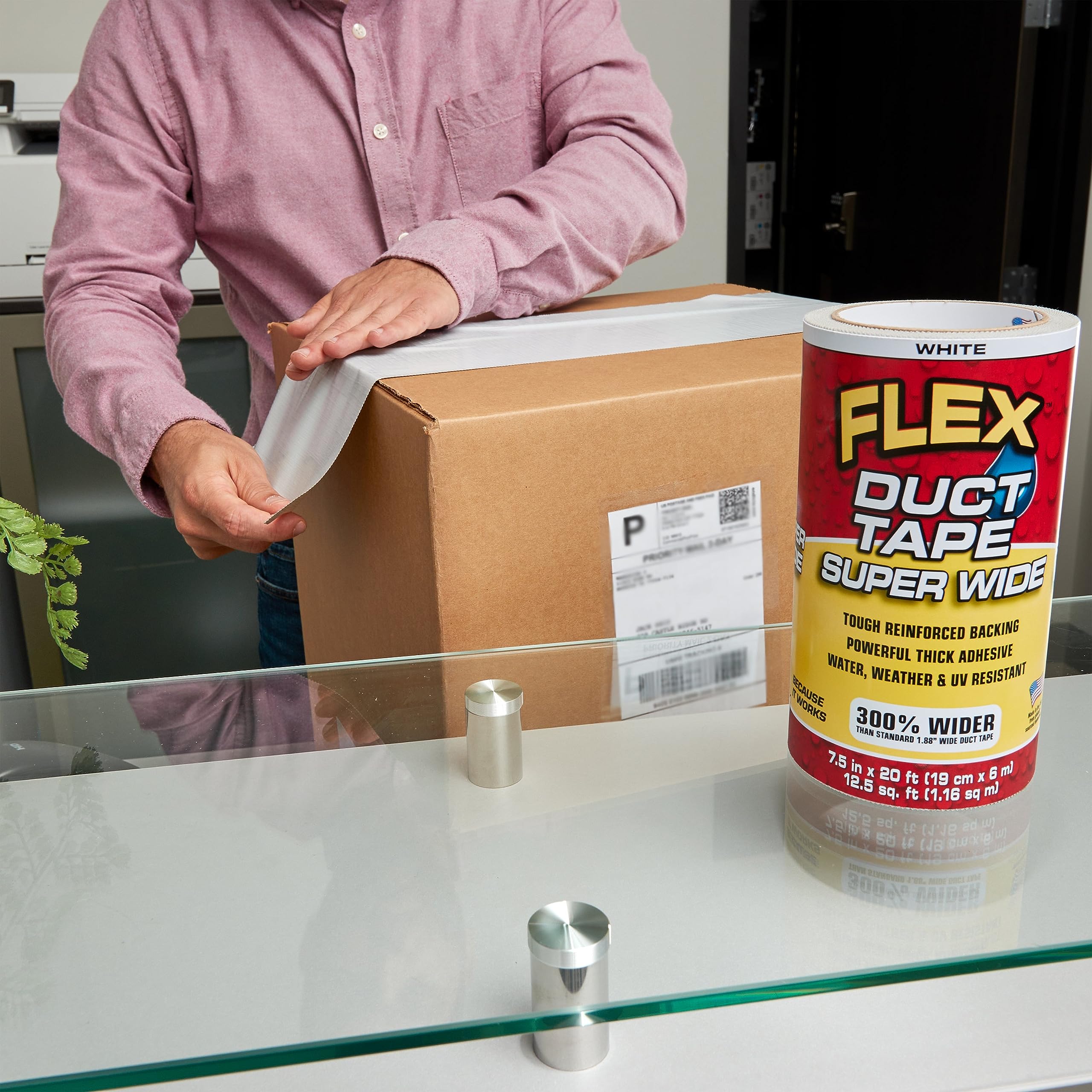 Super Wide Flex Duct Tape, 7.5 Inches x 20 Feet, White, Heavy Duty Strong, Multi-Surface, Water, Weather and UV Resistant, Tearable, Perfect for Boxes, No Residue