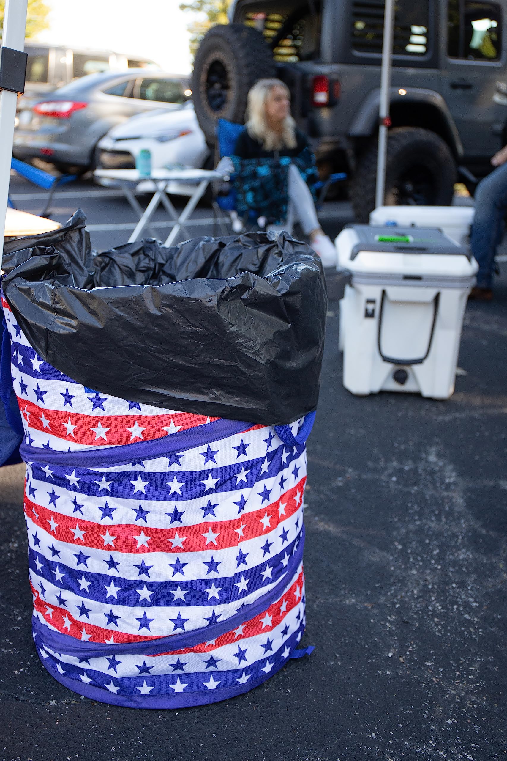 Camco RV Pop-Up Utility Container Life is Better at The Campsite - Features Red, White, and Blue Patriotic Theme & Holds 30-Gal. Kitchen-Size Trash Bags - Includes Heavy-Duty Stake (51993)