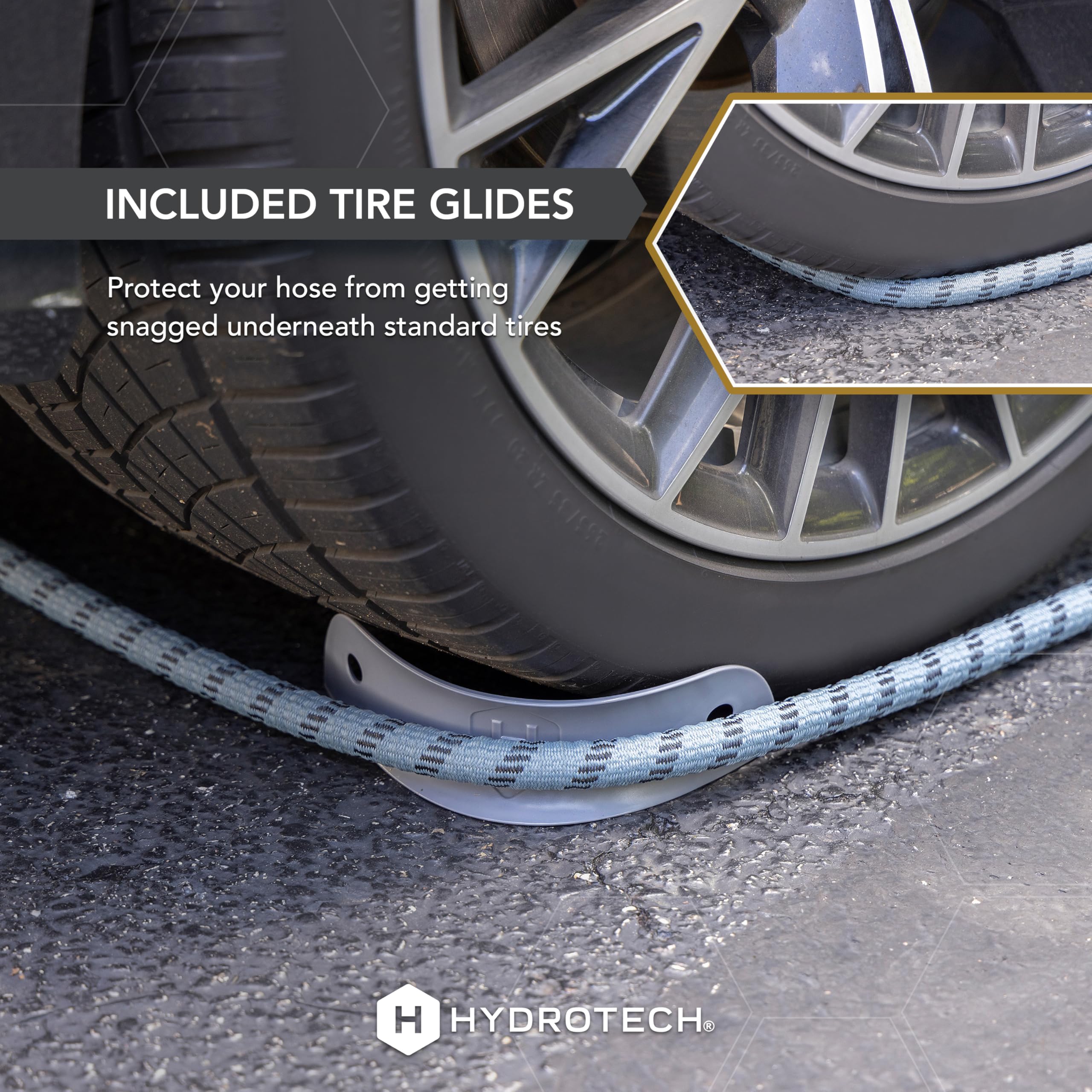 60 ft Hydrotech Garden Hose – Patented Force Control, Burst-Proof, Lightweight, Flexible, No-Kink Design, 5/8", 4 Tire Hose Guides, Ideal for Car Wash & Automotive Care