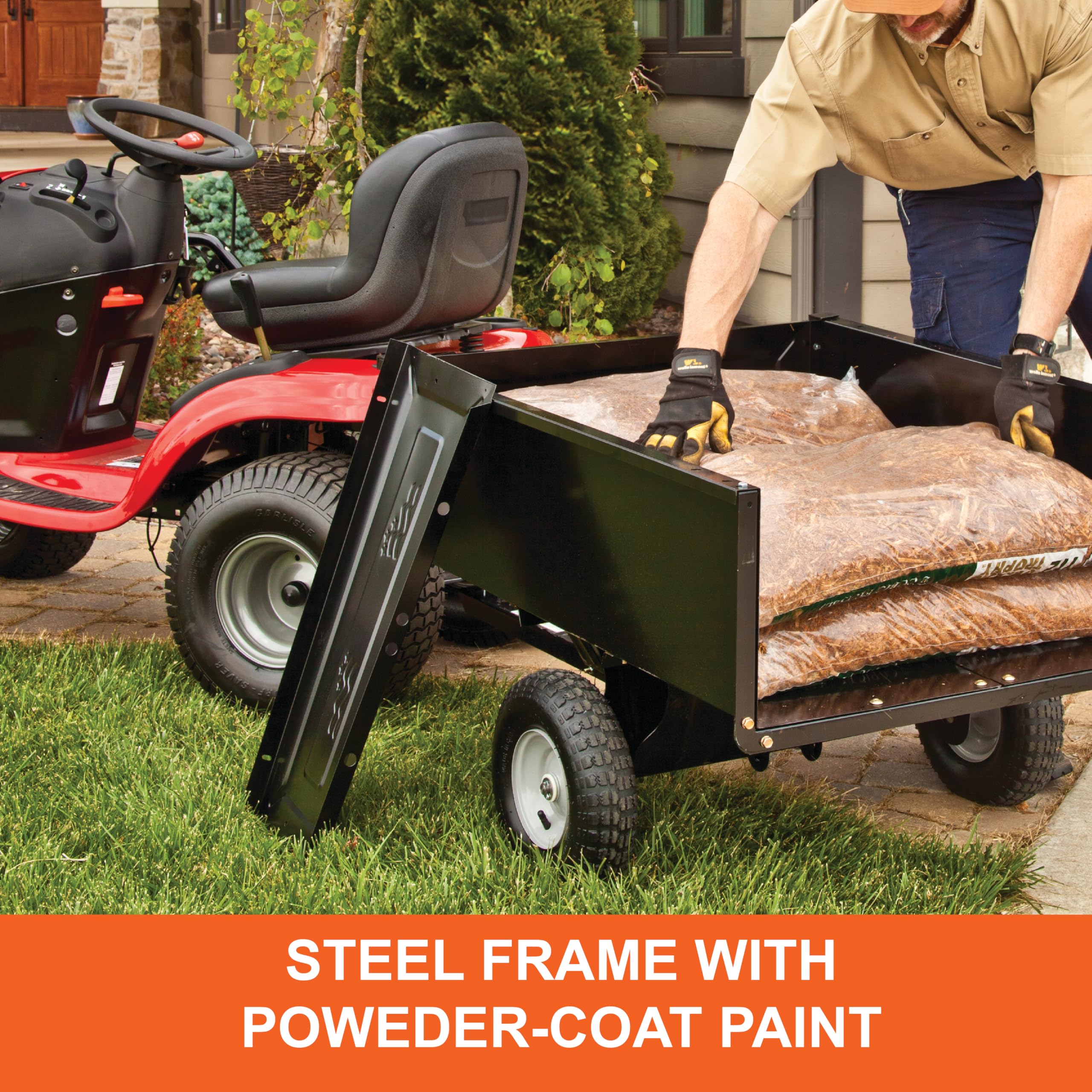 350-Pound Agri-Fab Inc Steel Tow Behind Dump Cart, 10-Cubic Feet Capacity – Removable Tail Gate, Garden Utility Trailer, Black