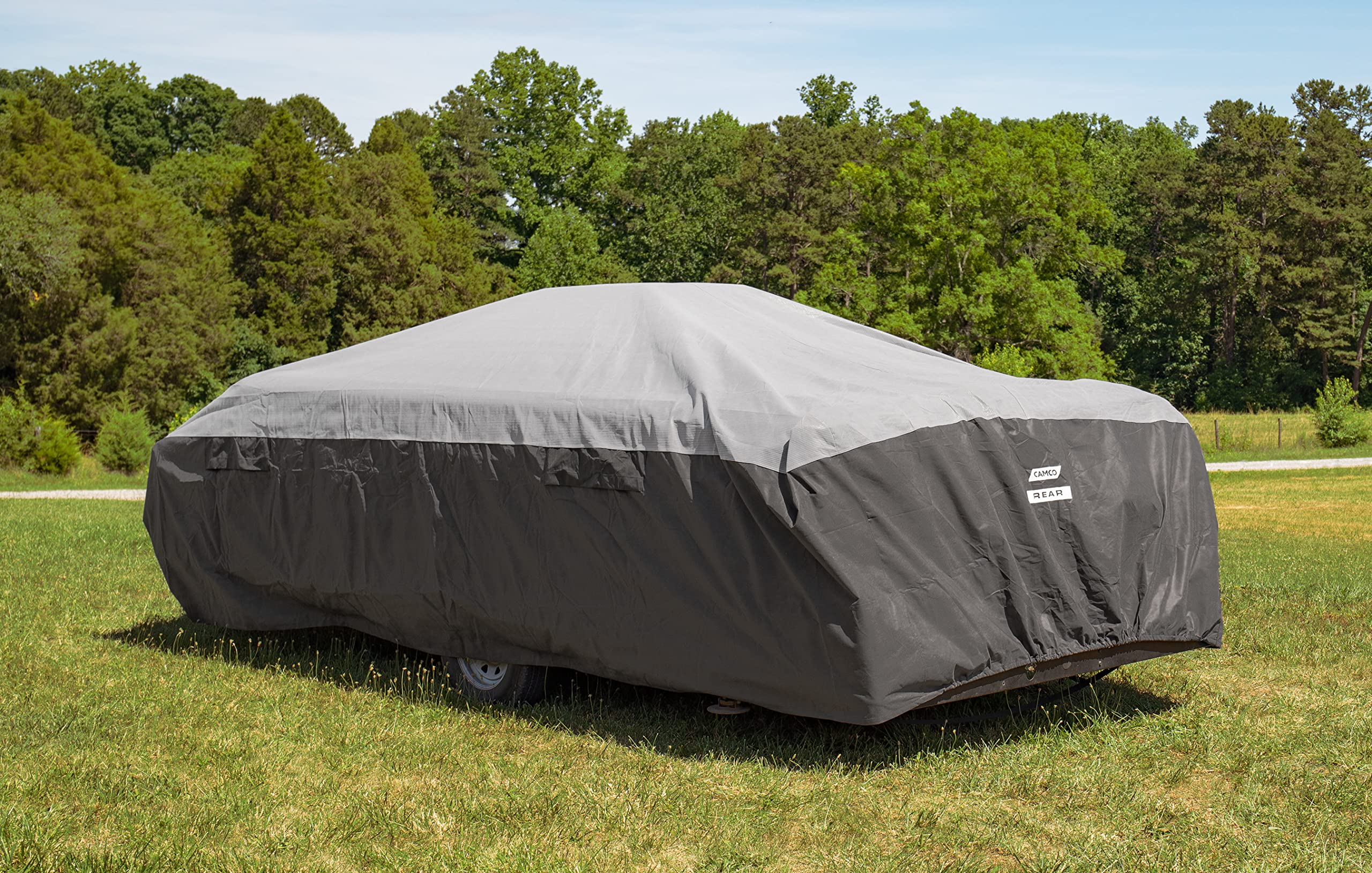 Camco 16-18-Ft ULTRAGuard Pop-Up Camper/RV Cover - Features Covered Air Vents & Cinching Straps - Crafted of Spunbond Polypropylene - Includes Storage Bag for RV Storage and Organization (45765)