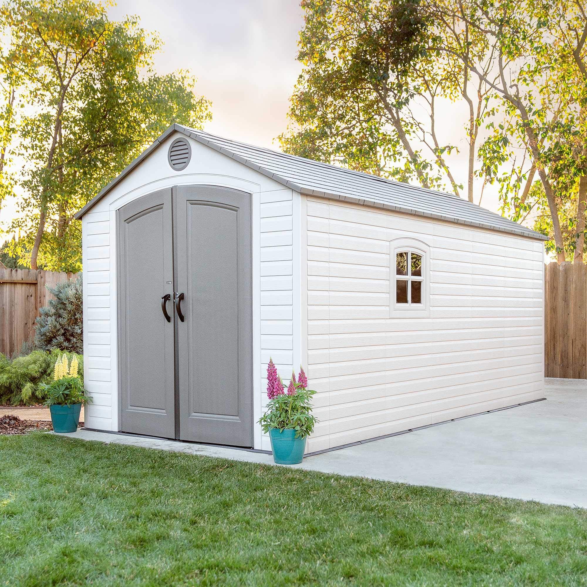 Outdoor Storage Shed Lifetime 60075, 8x15 Ft, Desert Sand, Resin Backyard Tool Shed with Lockable Doors and Weather-Resistant Panels