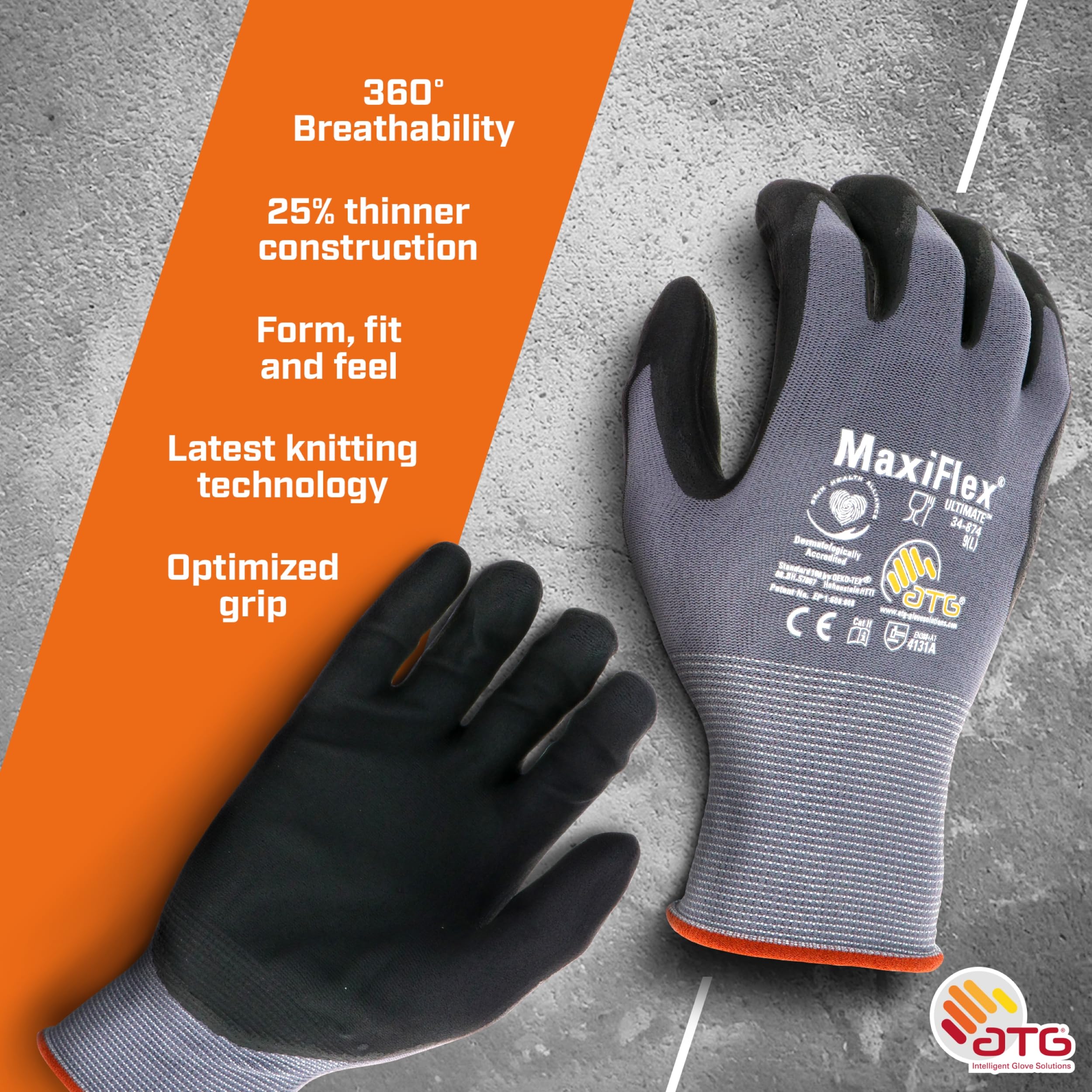 Maxiflex Ultimate ATG 34-874T/XS, 15G Gray Nylon Shell, Black Nitrile Grip, Tagged Gray XS