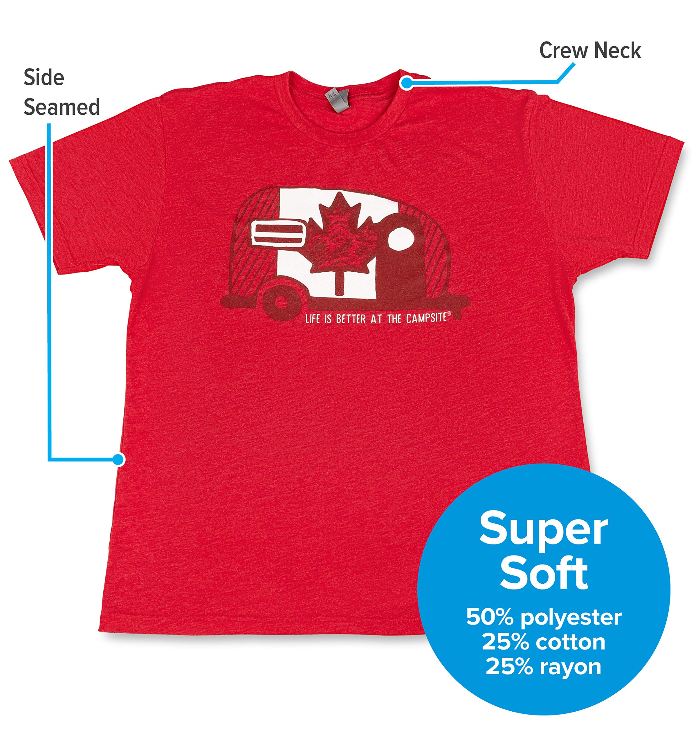 Camco Crew Neck Life is Better at The Campsite Short Sleeve T-Shirt | Features Soft Ring-Spun Cotton Fabric, Canada Flag Camper Design on Vintage Red, and is Machine Washable | Small (53395)