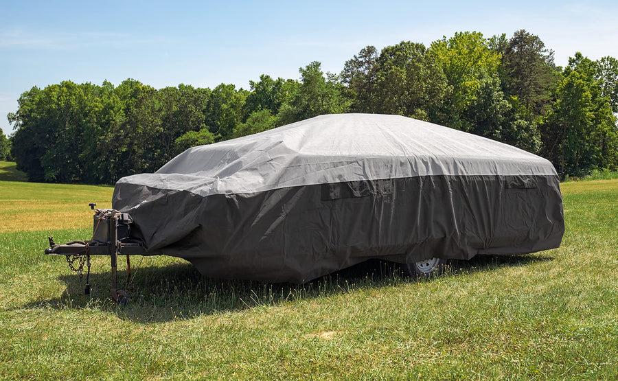 Camco 6-8-Ft ULTRAGuard Pop-Up Camper/RV Cover - Features Covered Air Vents & Cinching Straps - Crafted of Spunbond Polypropylene - Includes Storage Bag for RV Storage and Organization (45760)