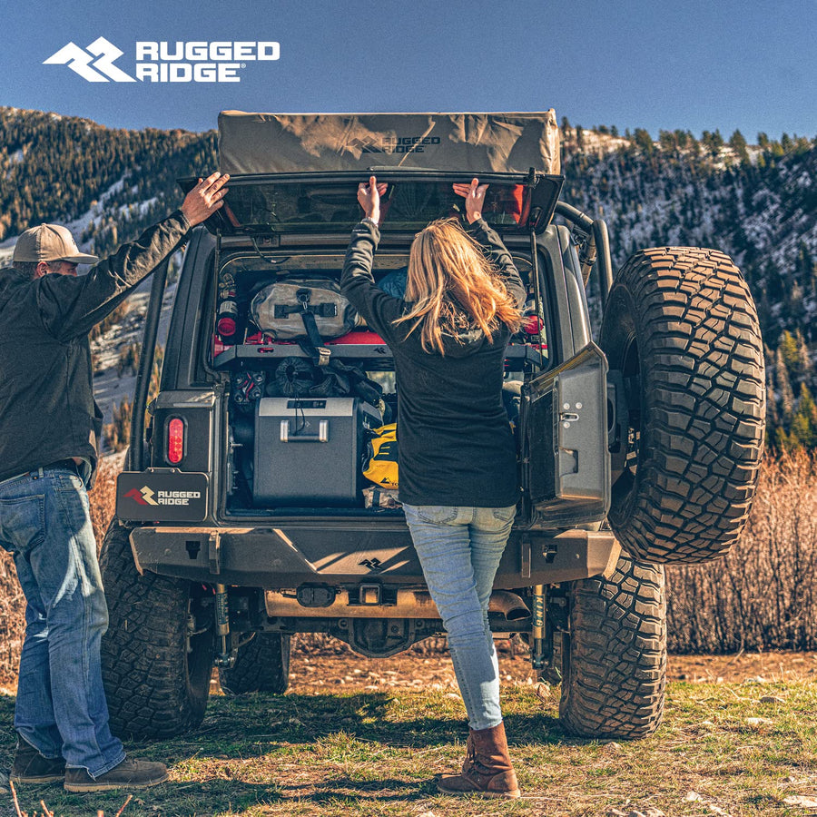 Rear Rugged Ridge HD Bumper for Jeep Wrangler JL | with Tire Carrier, Steel, Black | 11540.39 | Fits 2018-2025 Jeep Wrangler JL