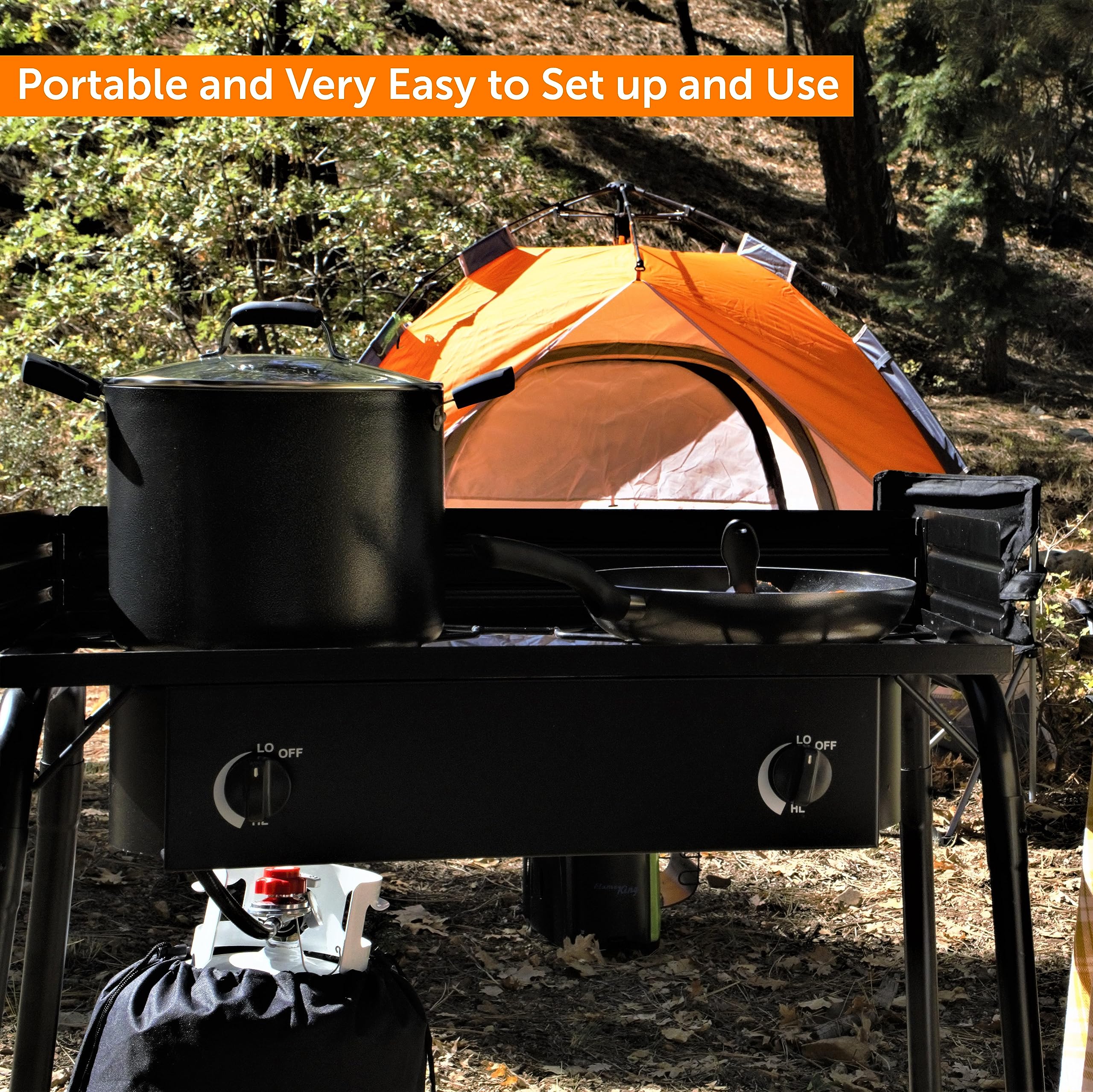 Flame King Double Dual Burner Outdoor Propane Stove 200K BTU Turkey Fryer/Camp Cooker, Portable with Stand Great for Backyard Cooking, Home Brewing & Canning