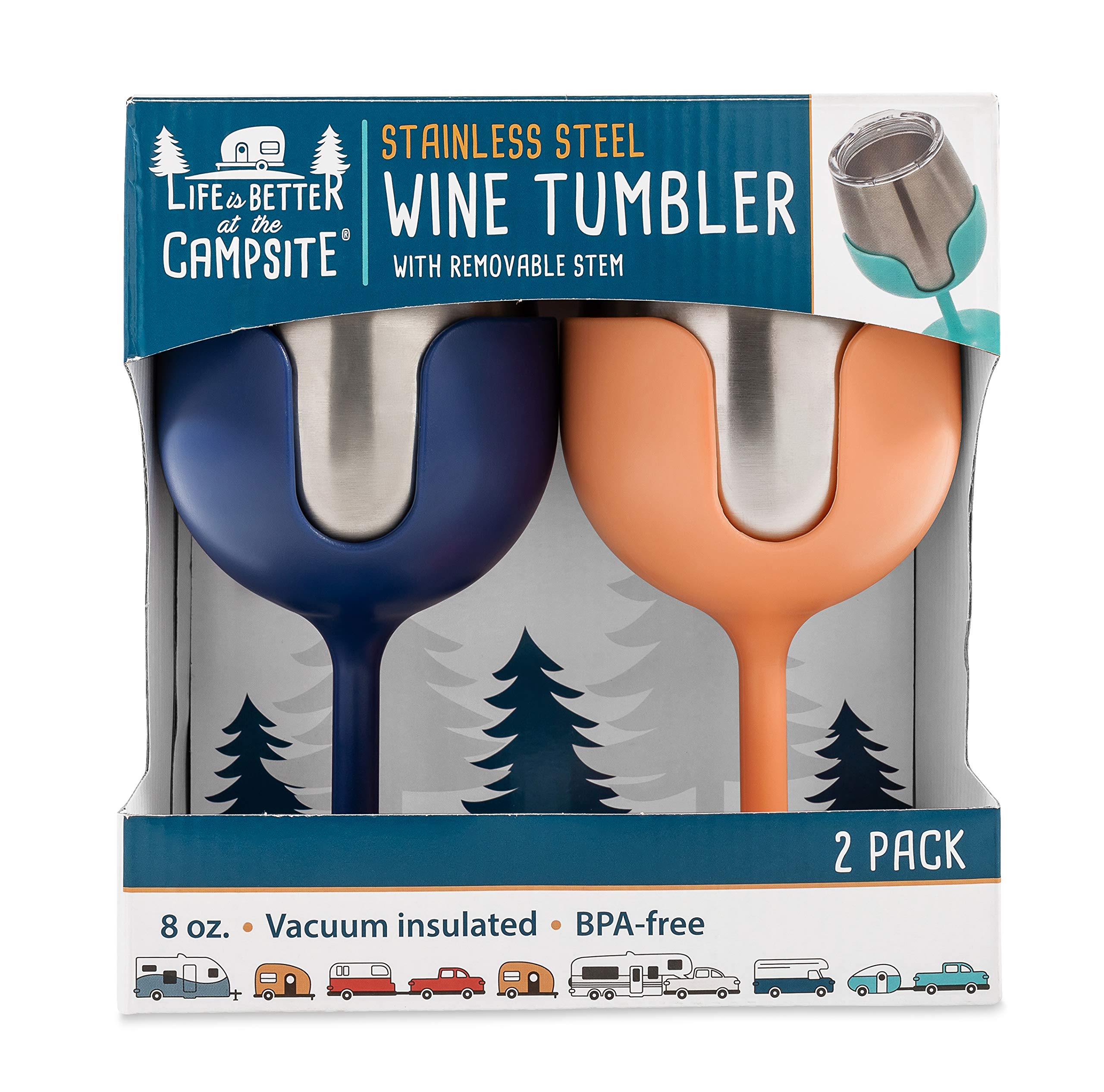 Camco Wine Tumbler Life is Better at The Campsite | Heavy Duty Double Wall Vacuum Insulation | Crafted of 18/8 Stainless Steel | Features Removable Navy & Peach Stems | 2-Pk, 8-oz/Each (51917)