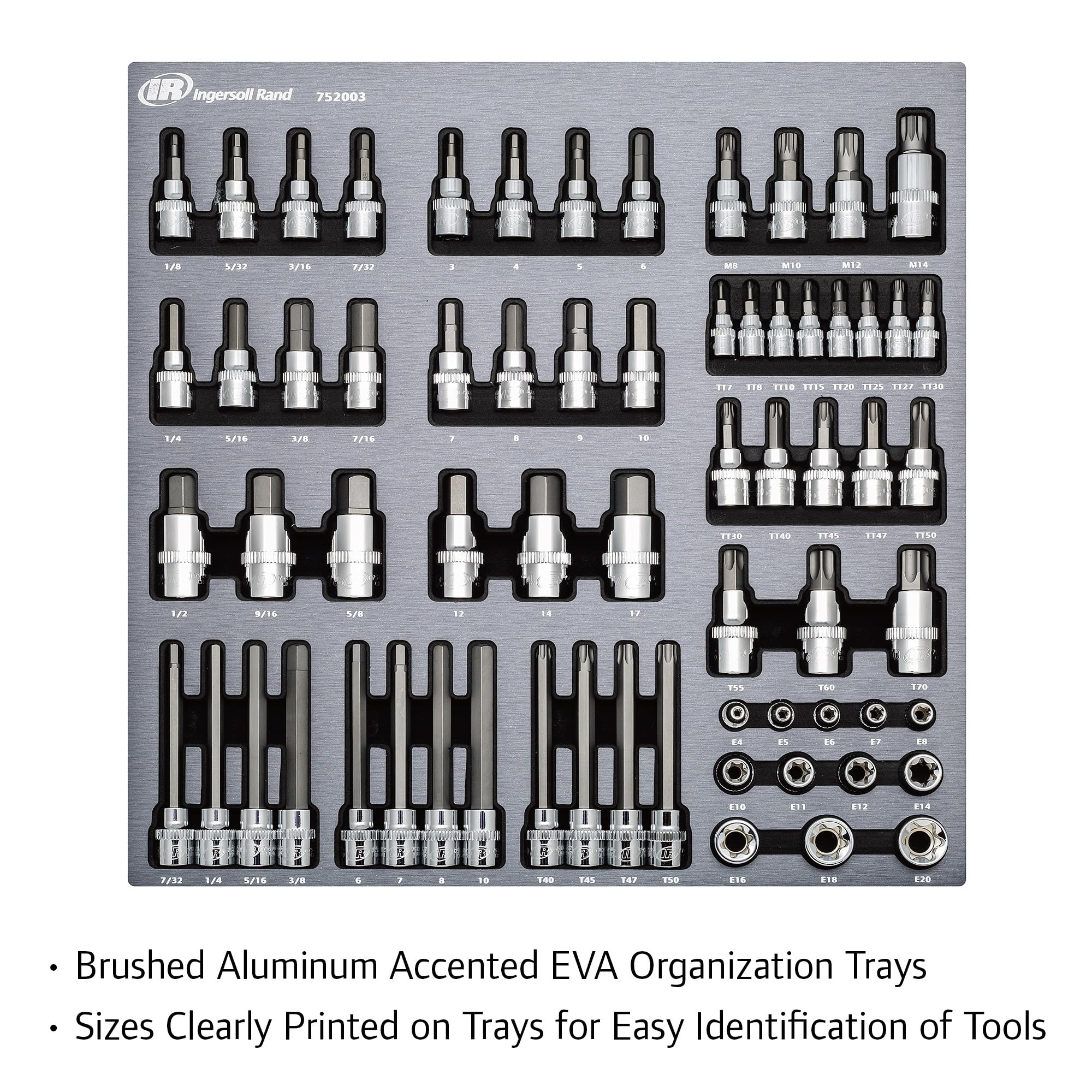 Ingersoll Rand Master 66-Piece Torx and Specialty Bit Socket Set – S2 Steel Bits, Chrome Vanadium Socket Bodies, Vertical Knurling, EVA Tray with Size Markings – 752003
