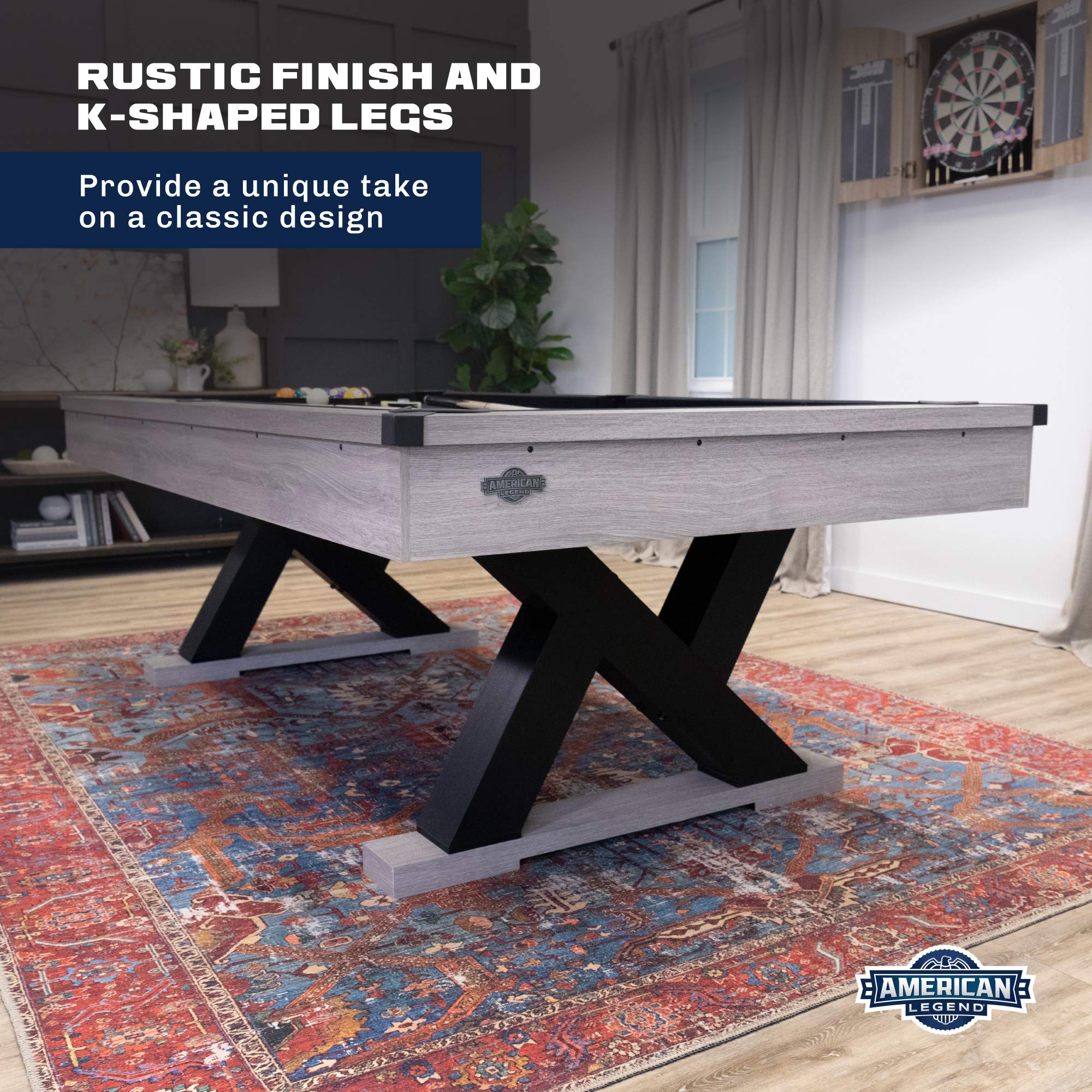 Kirkwood American Legend 90” Billiard Table with Rustic Finish, K-Shaped Legs and Black Cloth, Brown