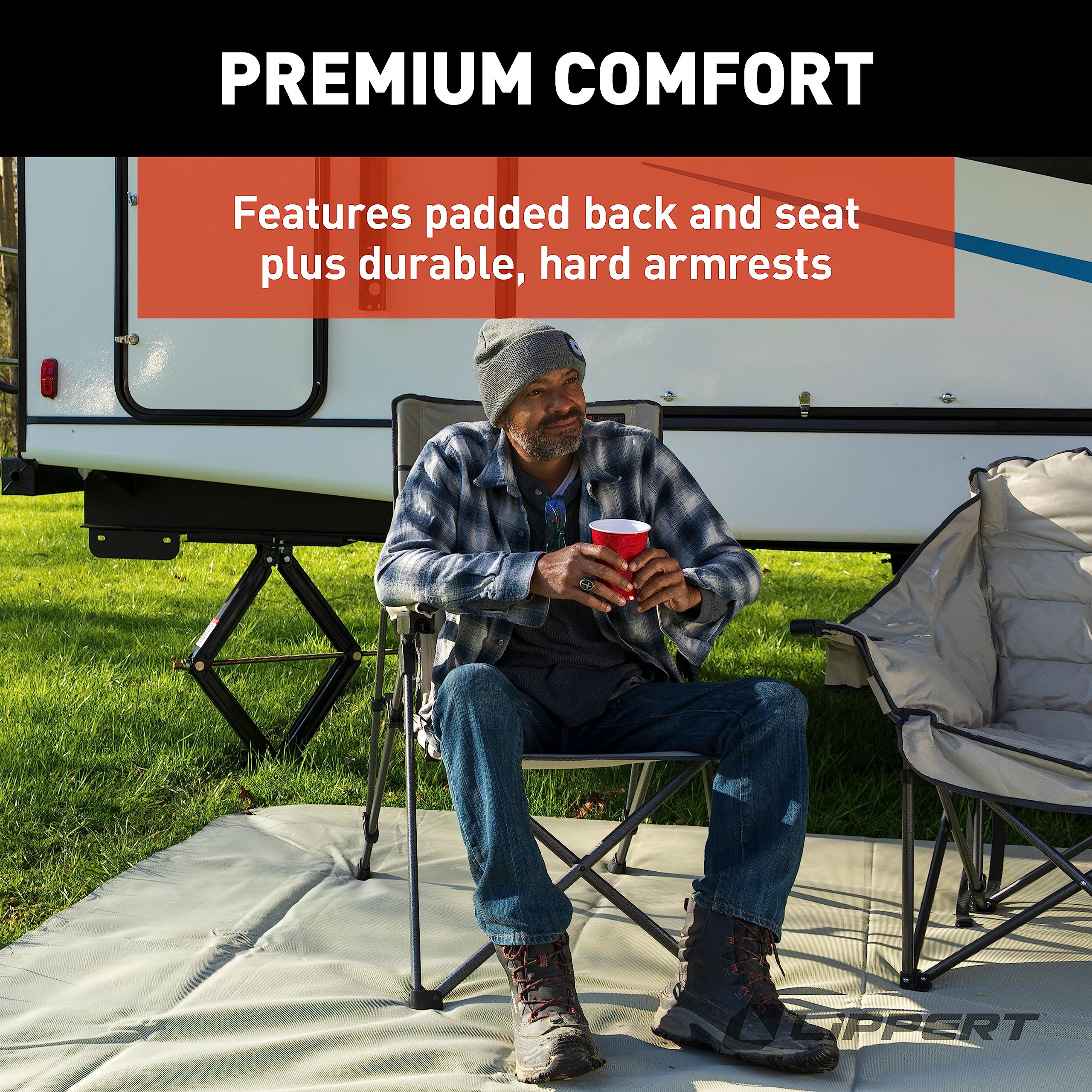 Sun Soaker Lippert Three-Position Reclining Camping Chair with 600D Polyester Fabric, Padded Back/Seat, Steel Frame Construction, 250-lb. Weight Capacity, Sand Color - 2022120580
