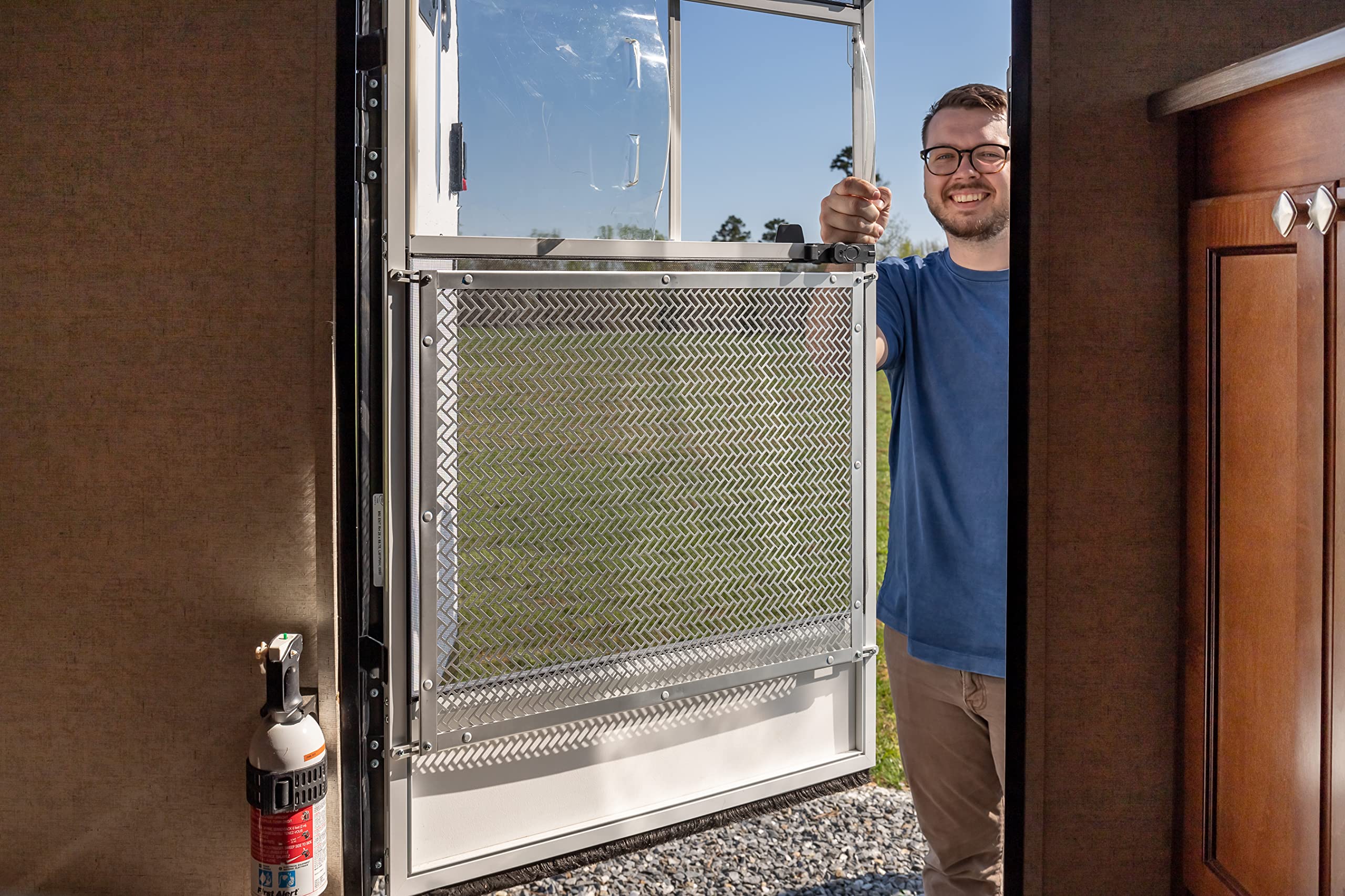 Camco Lower Premium RV Screen Door Grille | Protects Screen Door Mesh from Damage & Crafted of Heavy-Duty Aluminum | Adjusts from 20” to 29” & Measures 24-1/4” (L) x 20-1/4” (W) (43995)