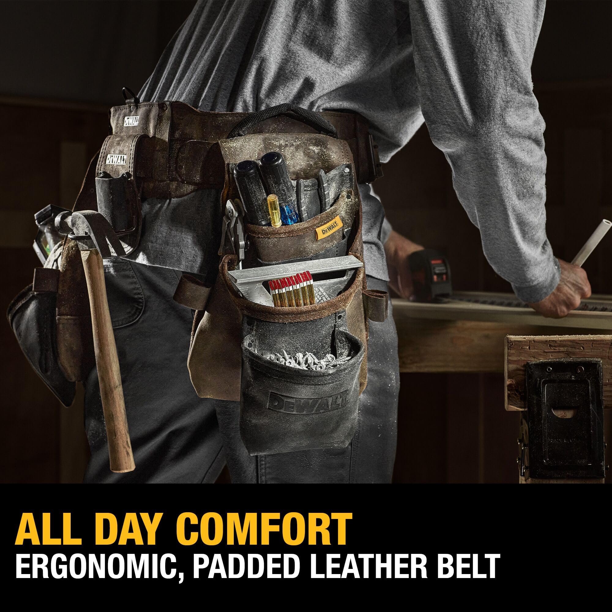 Leather DEWALT Tool Belt Organizer with 18 Pockets, Heavy Duty Construction (DWST550113)