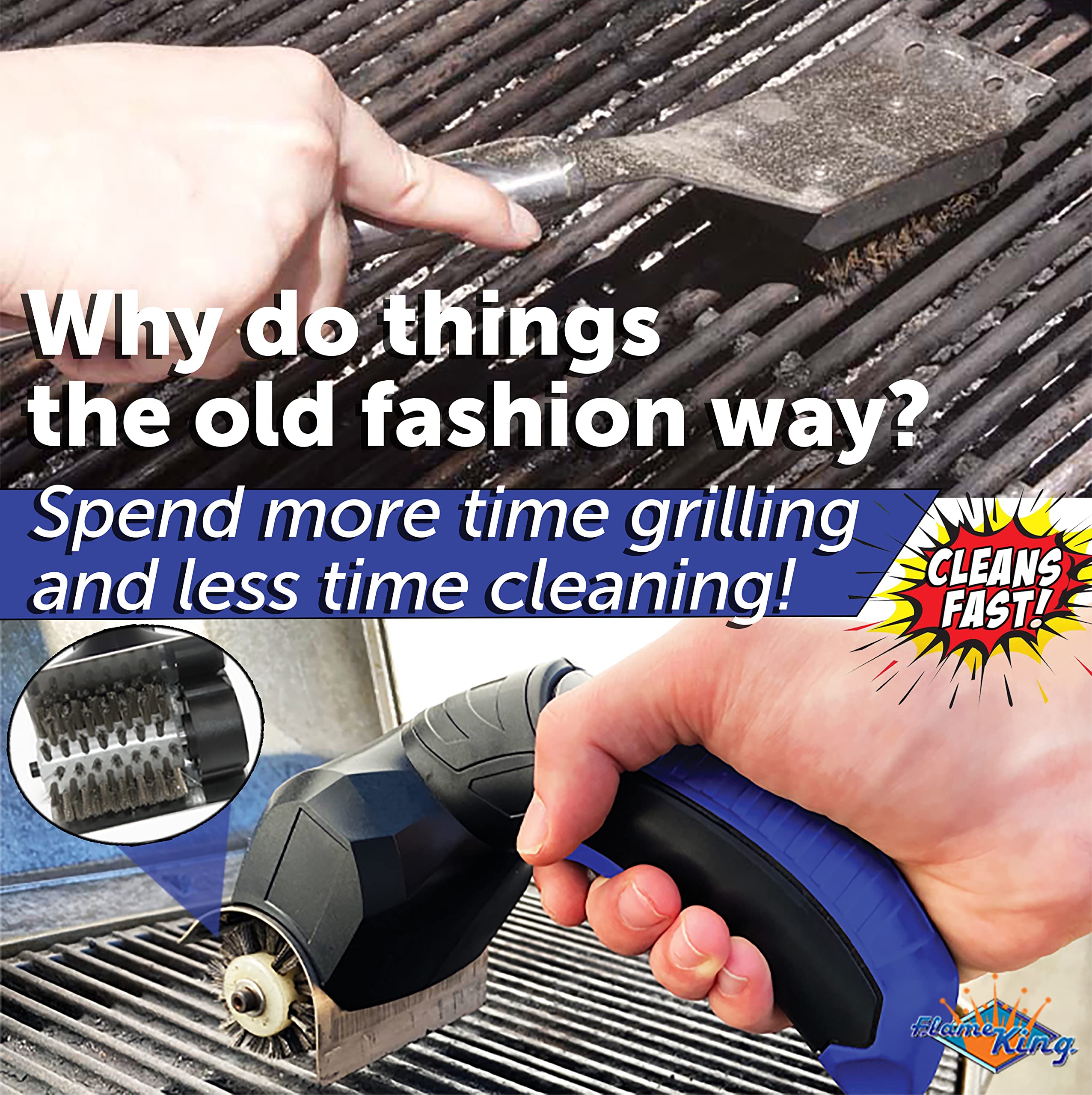Electric BBQ Grill Brush Flame King Cordless and Rechargeable Stainless Steel Bristles,Black