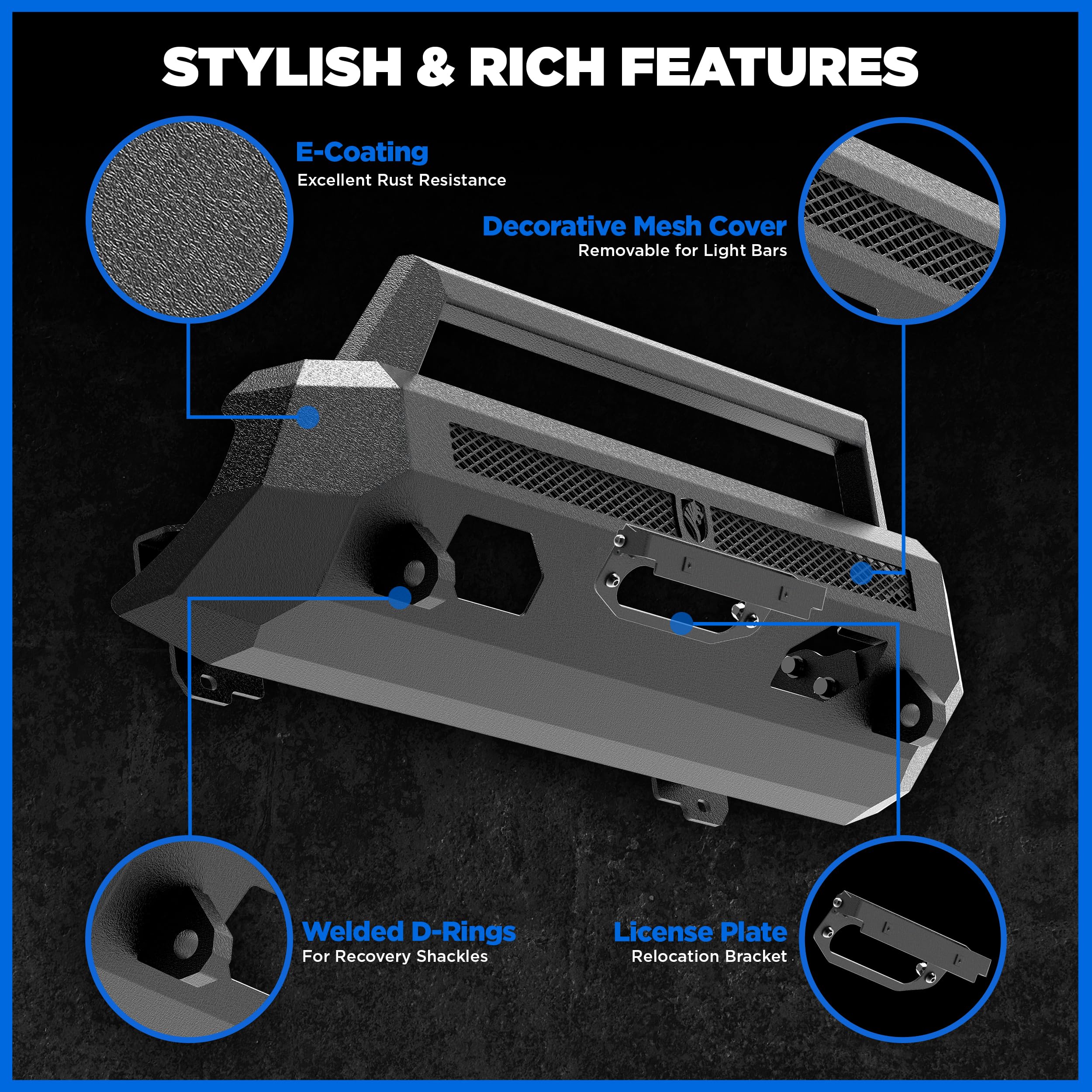 Tyger Auto Fury Bumper Center Guard Compatible with 2016-2023 Toyota Tacoma | Winch Plate | D-Ring | Textured Black | Rock Crawler | TG-BP7T20567