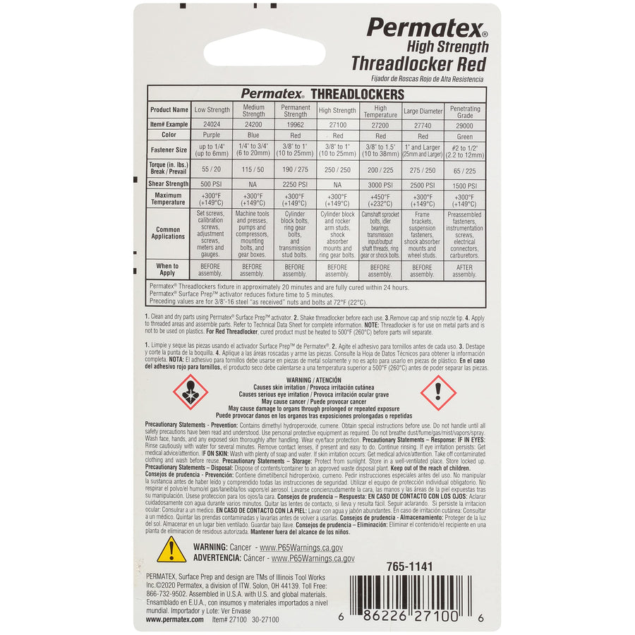 27100 Permatex High Strength Threadlocker Red, 6 ml