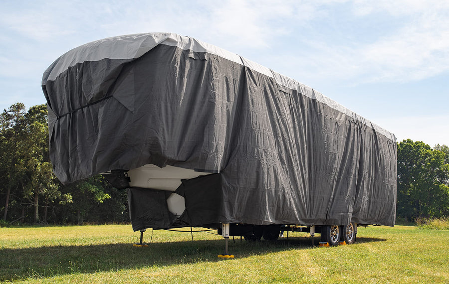 ULTRAGuard Camco 32 to 34-Ft Fifth Wheel RV Cover - Features Zipper Entry Doors & Covered Air Vents - Crafted of Spunbond Polypropylene - Storage Bag for RV Storage & Organization (45755)