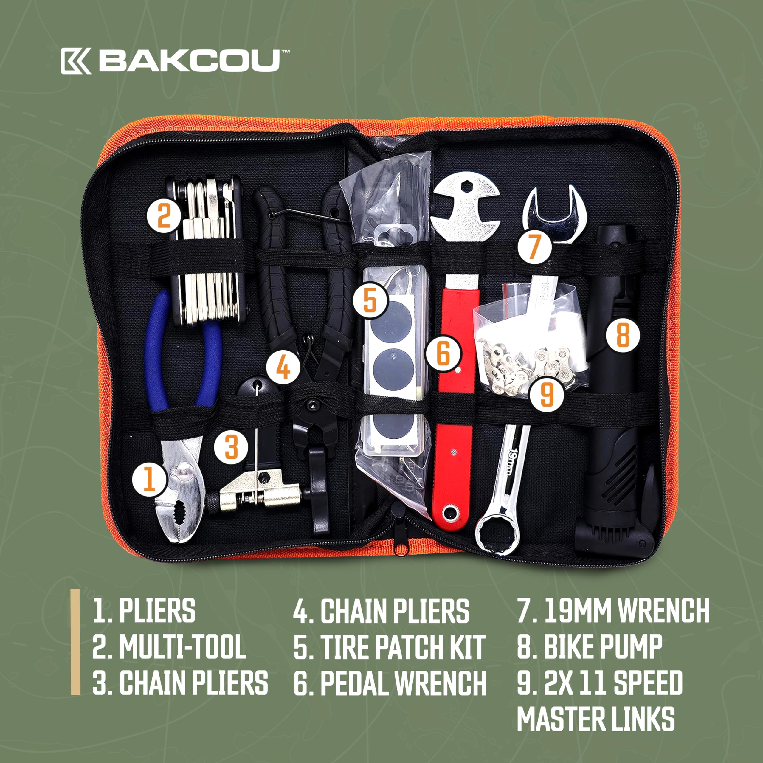 Trailside Bakcou Repair Kit - Portable eBike and Bicycle Repair Set, Chain Pliers, Multi-Tool, Pedal Wrench, Mini Pump, Tire Patches, Chain Breaker