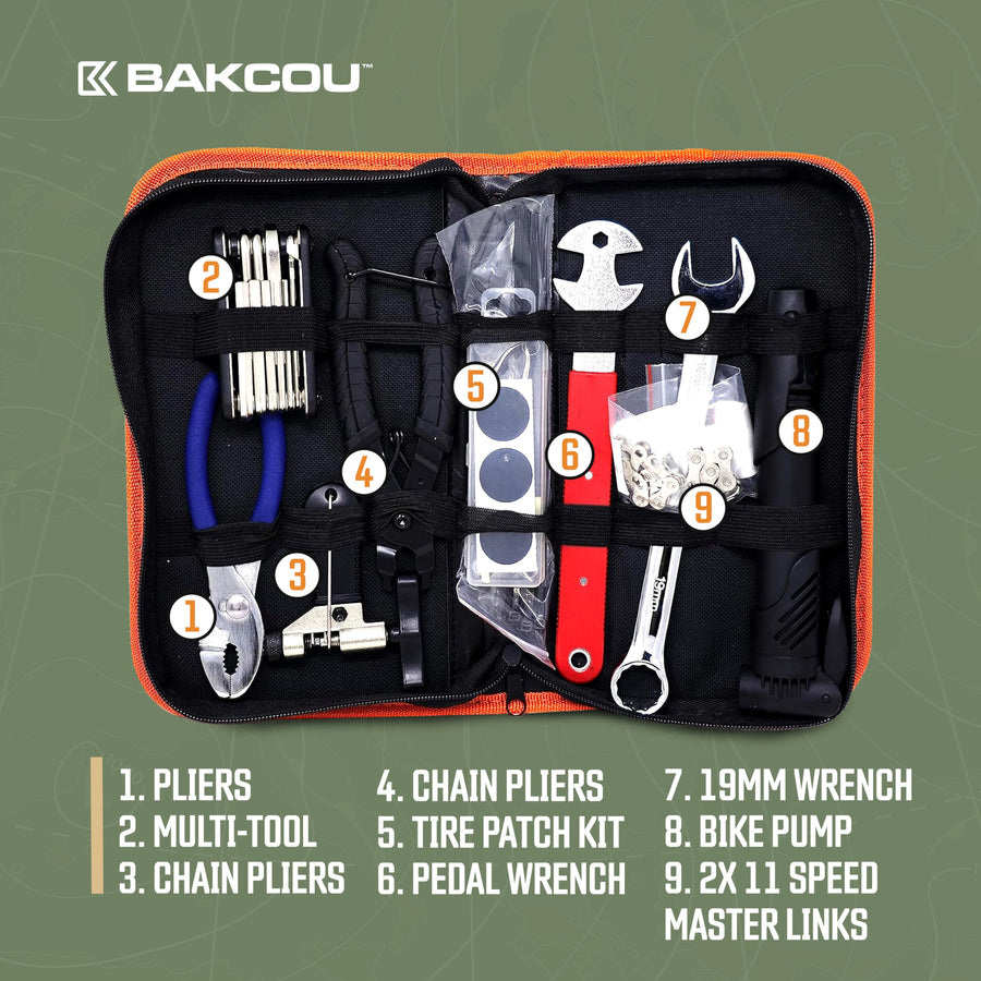 Trailside Bakcou Repair Kit - Portable eBike and Bicycle Repair Set, Chain Pliers, Multi-Tool, Pedal Wrench, Mini Pump, Tire Patches, Chain Breaker