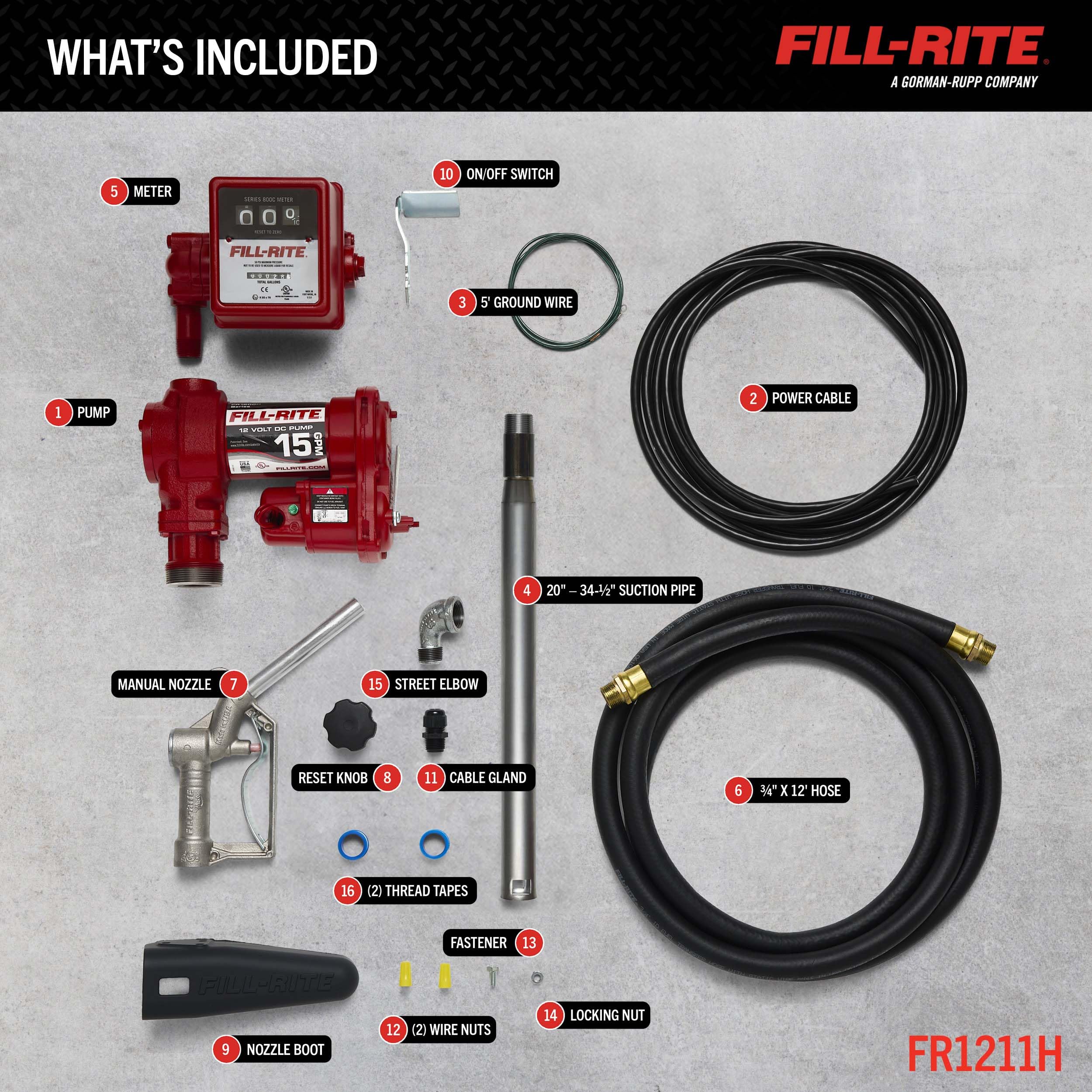Fill-Rite 12V FR1211H 15 GPM Fuel Transfer Pump with Standard Mechanical Meter Package, Gallons | Gasoline, Diesel, Kerosene, Ethanol & Methanol Blends & Biodiesel