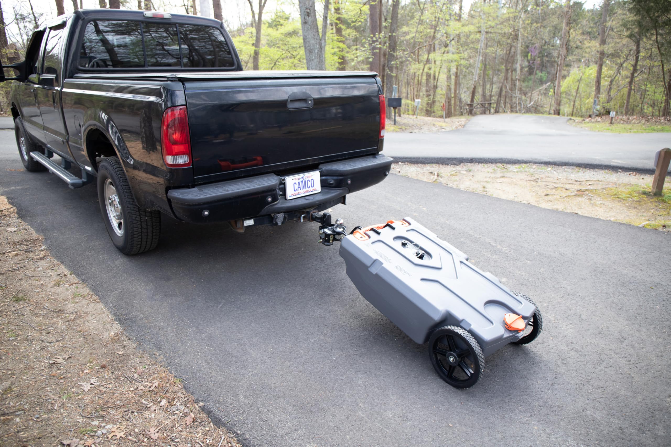 Camco 28-Gallon Rhino RV Tote Tank - Features Large Heavy-Duty No-Flat Wheels & Built-in Gate Valve - Removable Steel Tow Adapter, 3’ Sewer Hose & More RV Accessories (39004)