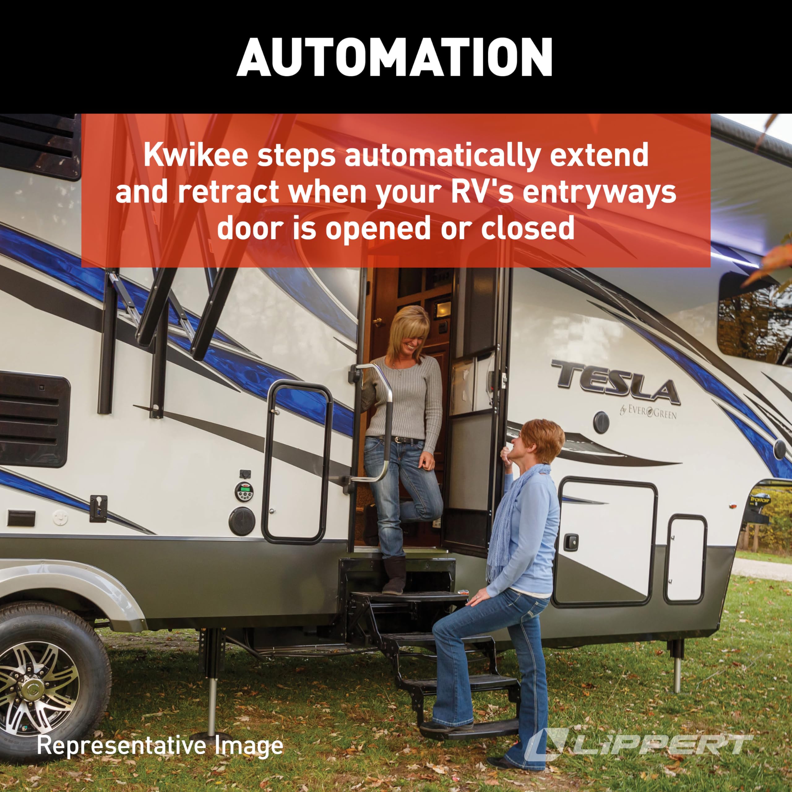 42 Series Kwikee Electric Step Assembly, Logic Control Unit, Power Switch Kit for RV, Travel Trailers, Hidden Light, 8.5" Step Rise, Anti-Slip Surface, 12V DC Motor, Steel Construction - 372779