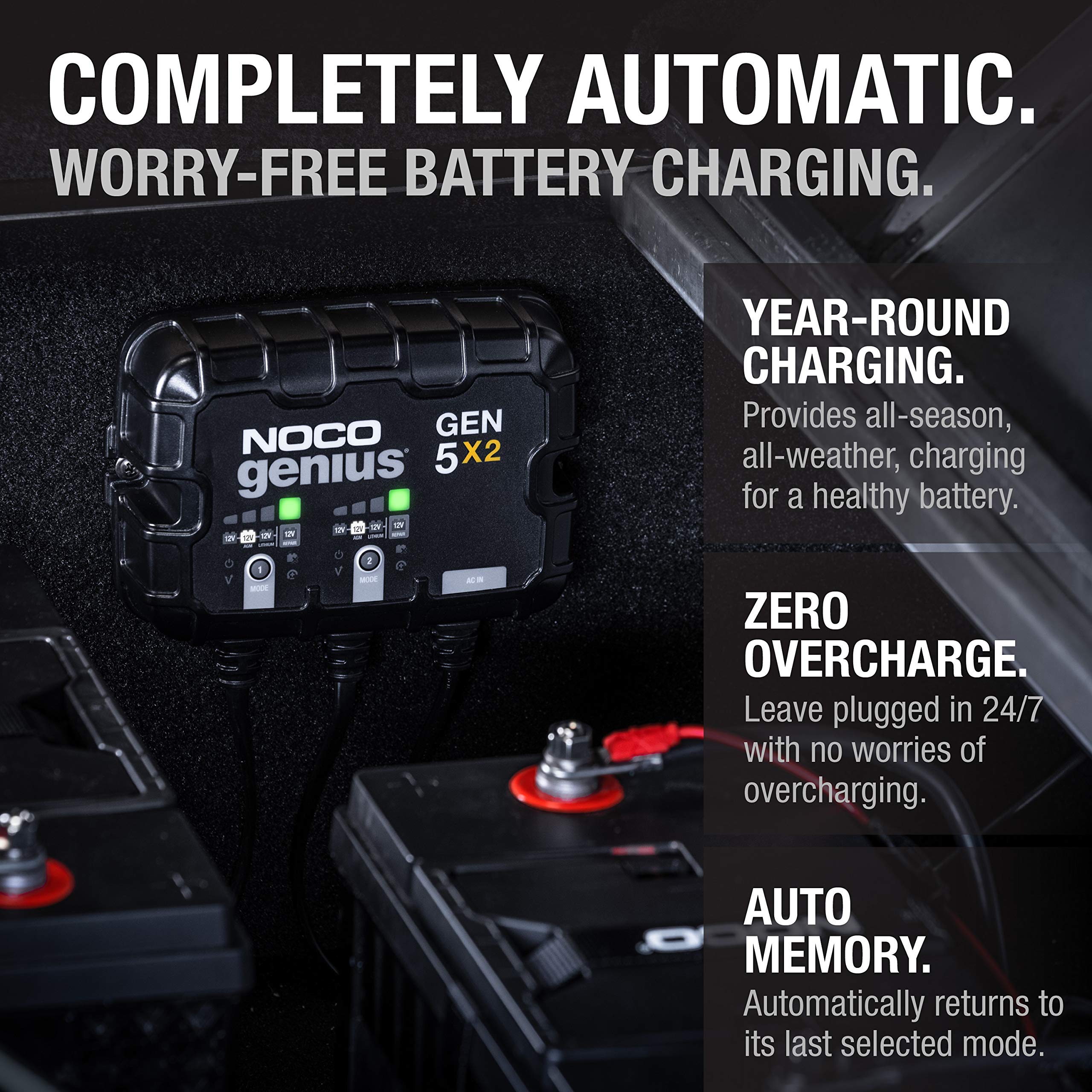 GEN5X2 NOCO Genius: 2-Bank, 10A Onboard Battery Charger - 5A Per Bank, 12V Waterproof Marine Charger with Overcharge Protection & Temperature Compensation – for Lead-Acid & Lithium Batteries
