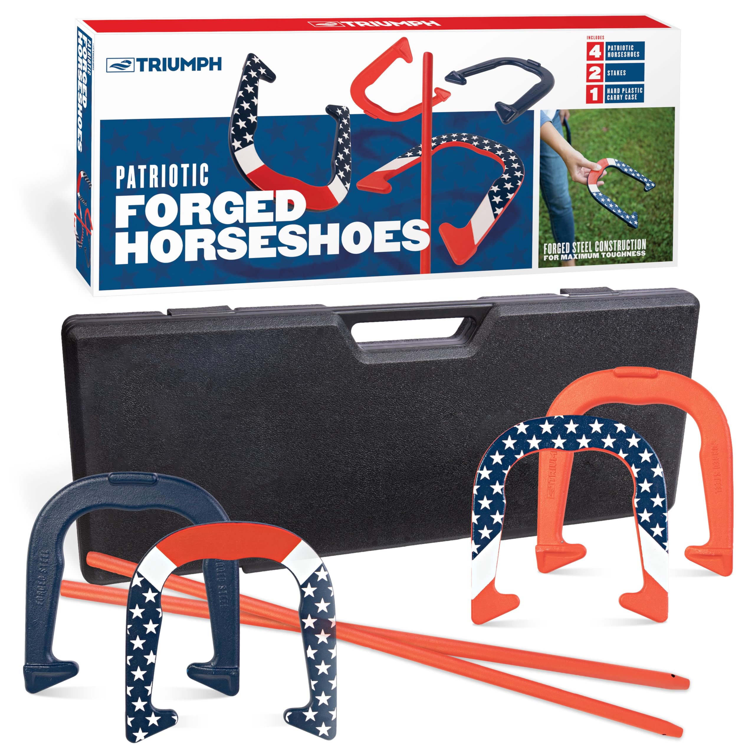 Forged Horseshoe Set TRIUMPH SPORTS USA Complete with 4 Horseshoes, 2 Stakes and Hard Plastic Case with Locking Tabs for Transportation and Storage