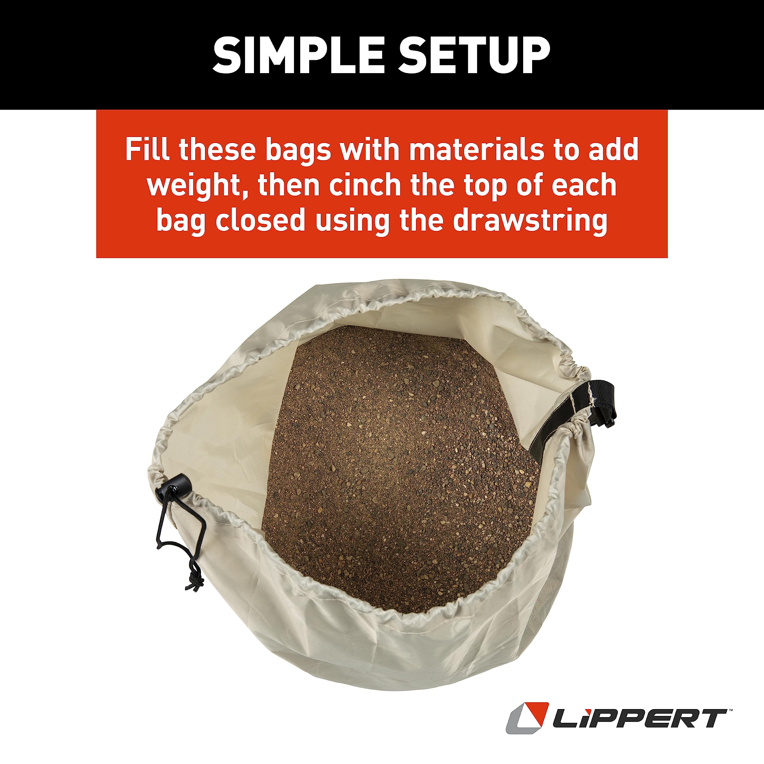 Lippert Sandbags for Stabilizing Picnic Popup Gazebo, Tents, Canopies, Shelters, 14-1/4" x 14-1/4" x 11" Durable Polyester 4-Pack, Plus Carrying Bag, Cinch Drawstring Closure - 2022120599