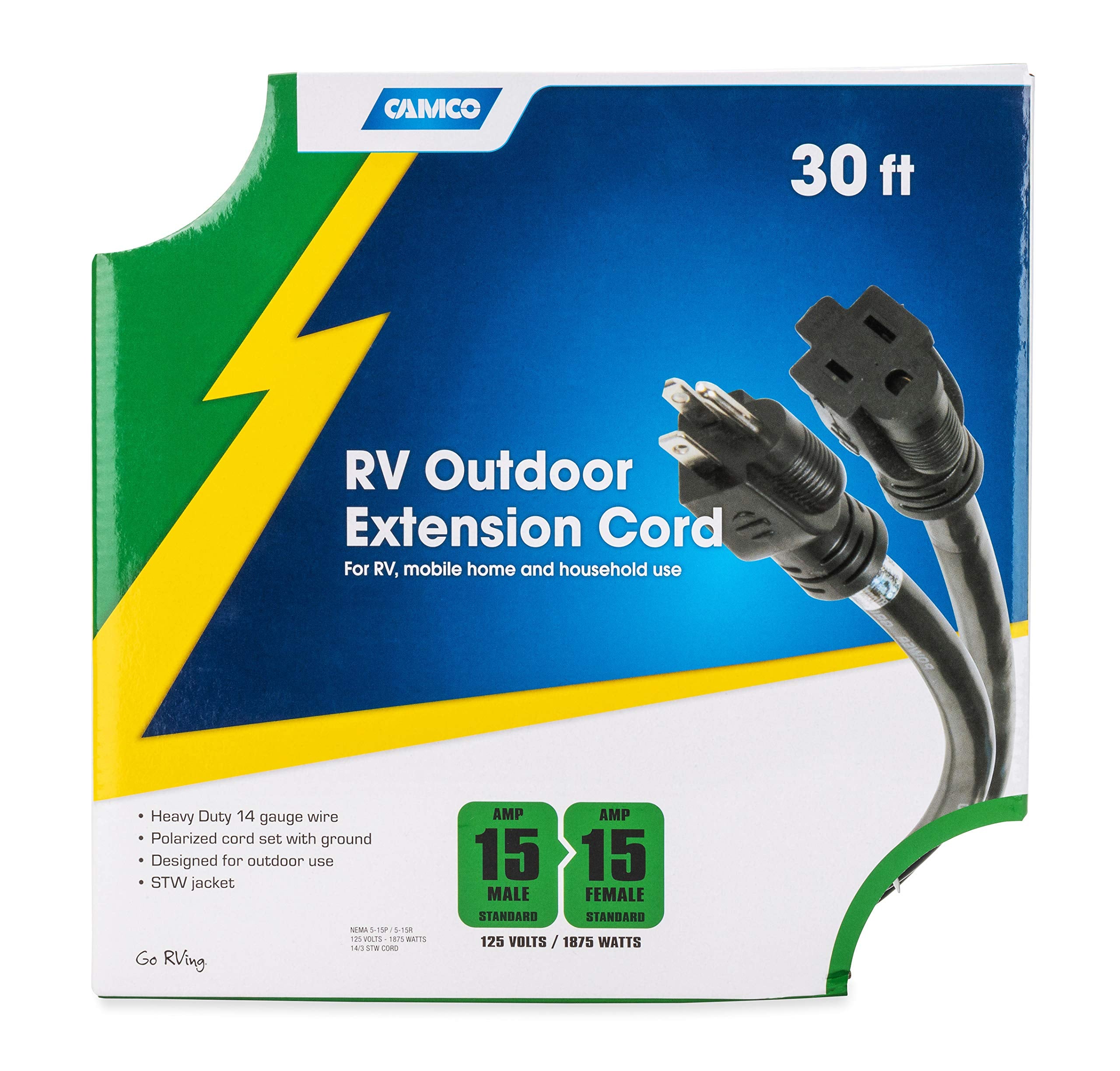 30-Ft Camco 15 Amp RV Extension Cord - Rated for 125V / 1,857W - Features Heavy Duty 14-Gauge Copper Wire for Superior Conductivity & Coated w/Heat-Resilient PVC (55142)