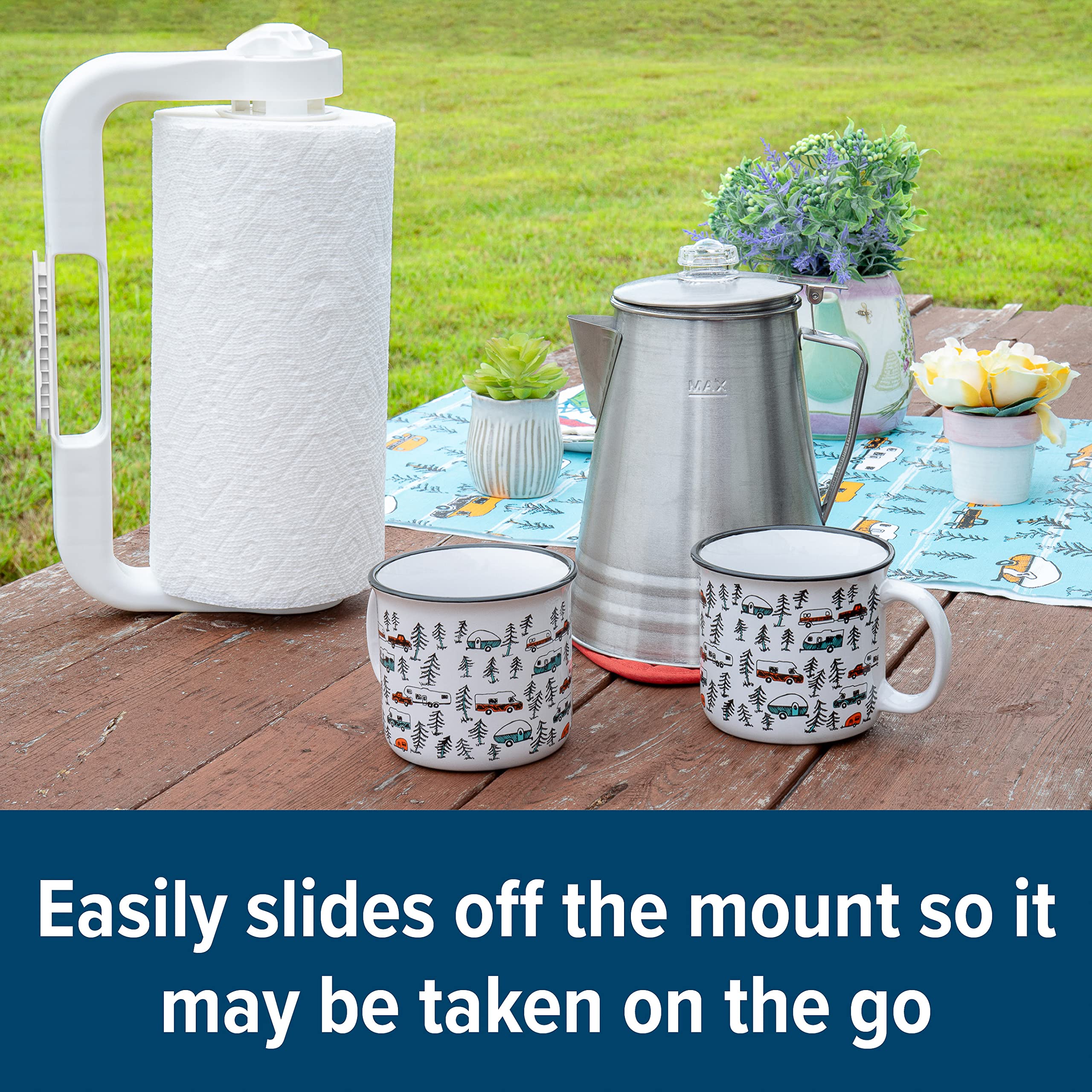 Paper Towel Holder Camco | Ideal for Compact Areas | Features Mountable Design and Adjustable Side Knob | White (57114)