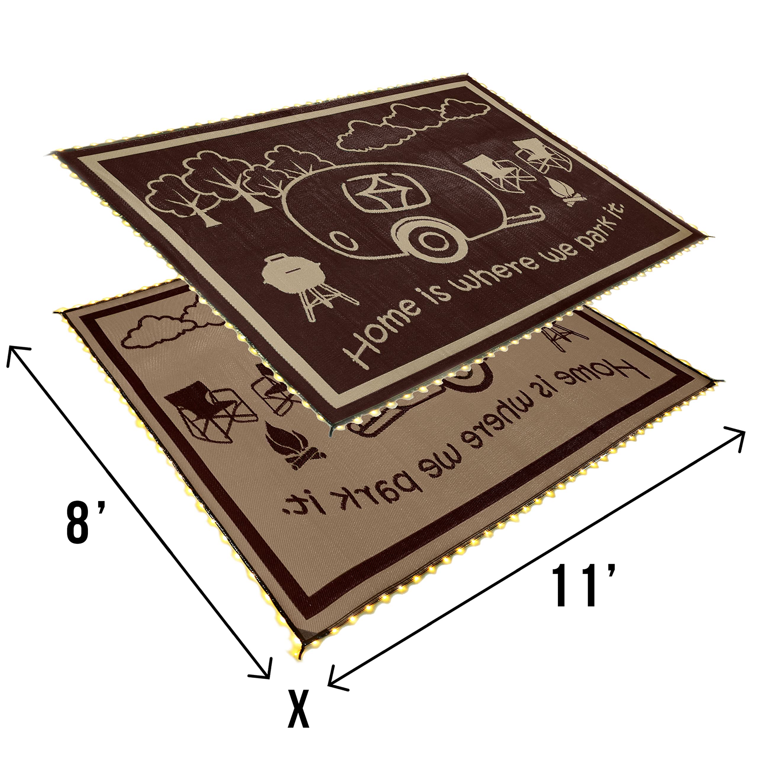 Camping Stylish LED Illuminated Patio Mat - Reversible RV Home Mat, Brown/Beige with LEDs Light, 8x11